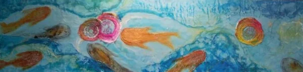 Garden Dreaming, Encaustic, paper + ink on cradled wood panel, 12x48"