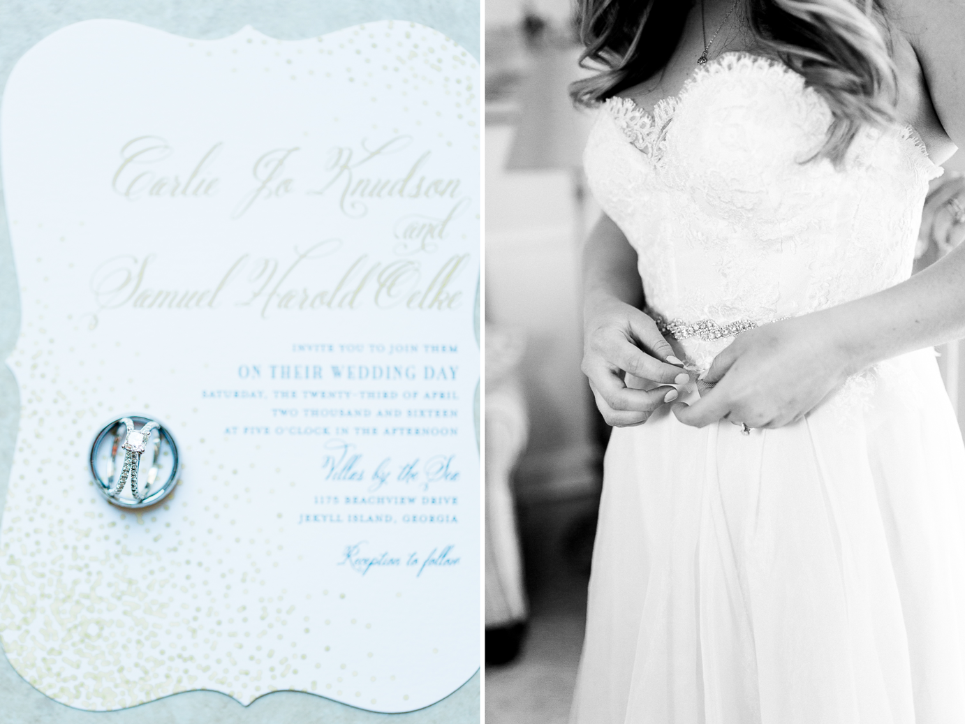 Wedding invitations and rings and dress | Wedding in Driftwood Beach, Jekyll Island, GA