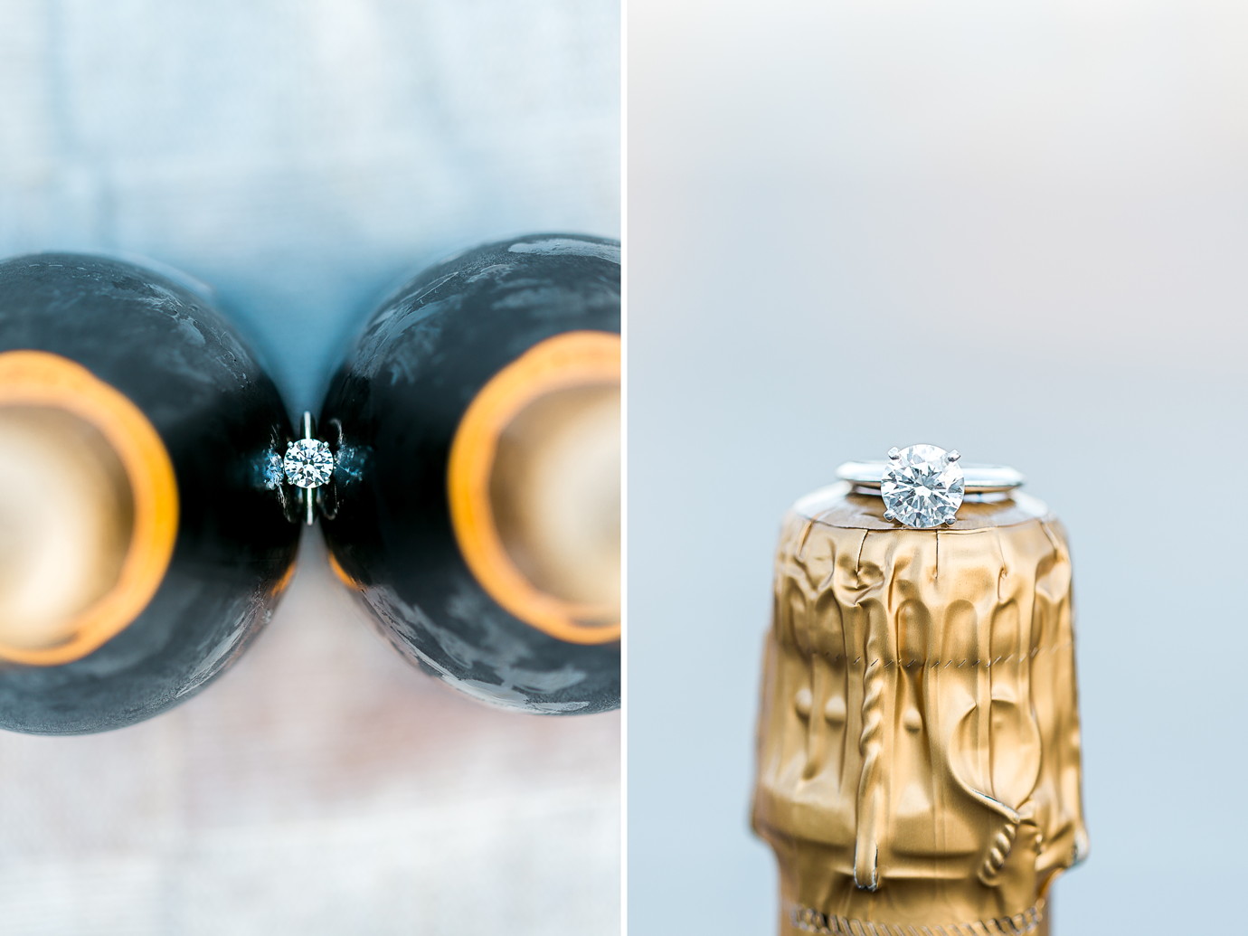 engagement ring on a champagne bottle