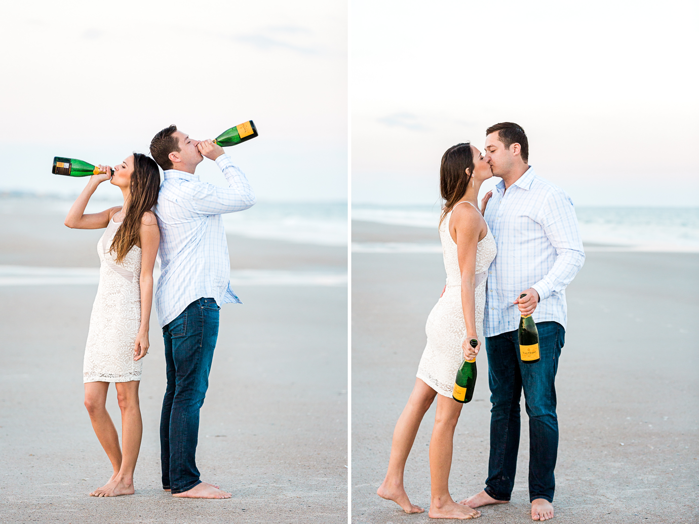 drinking champagne in engagement pictures