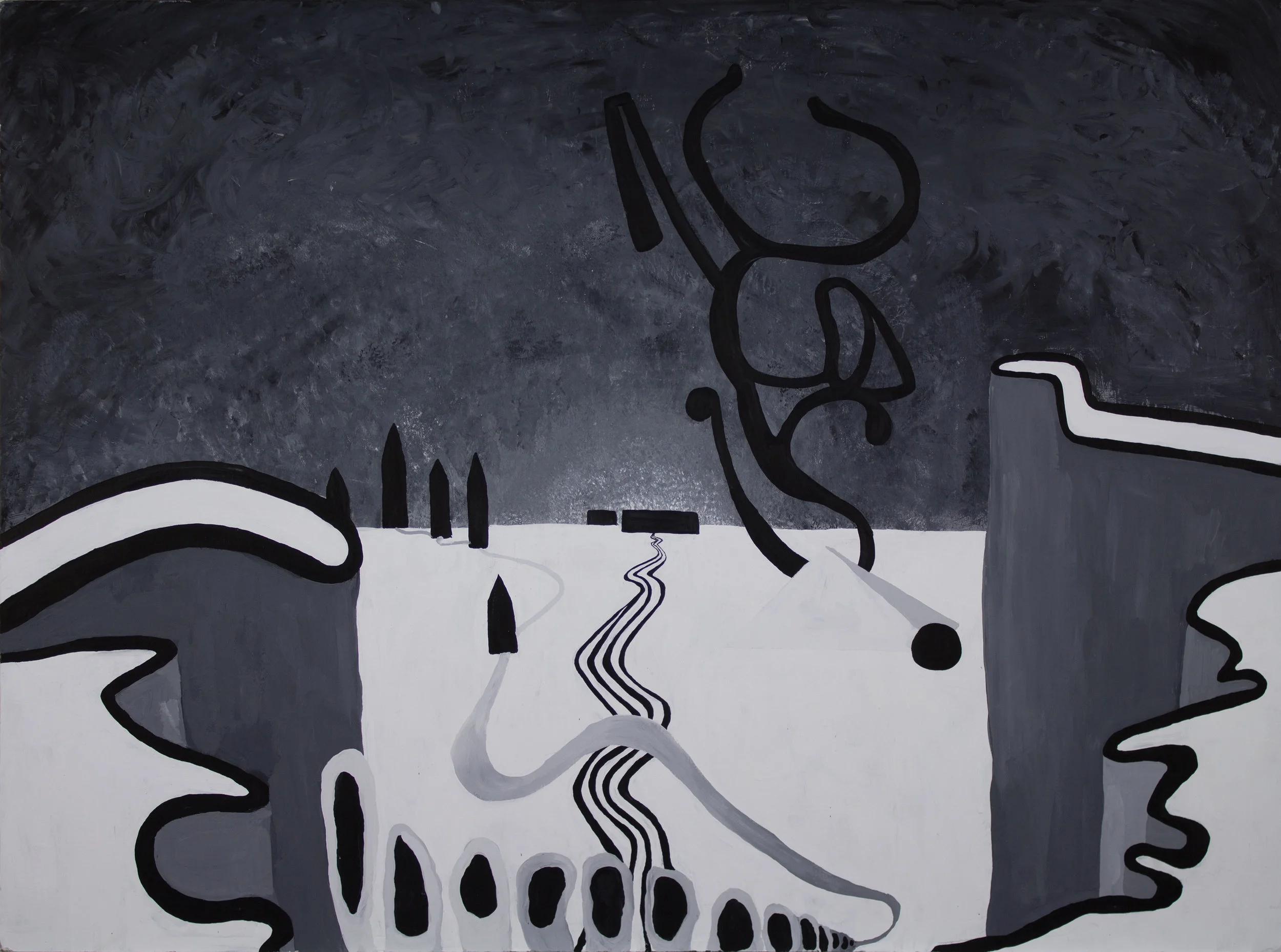 Expression through Form Black and white tempera paint on hardboard, 36” x 48” Form and Surface, Spring 2018