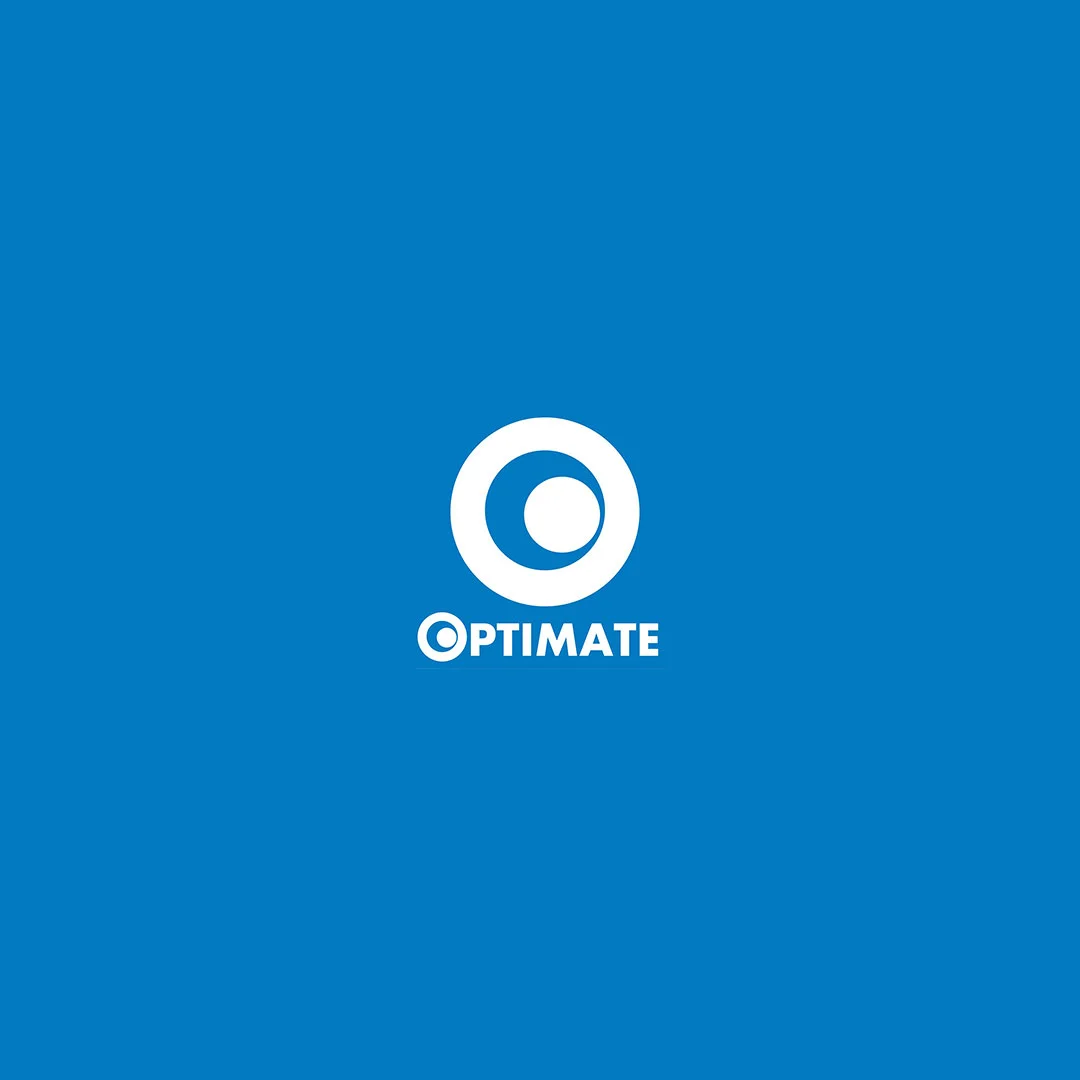 Blue background with white logo and text 'OPTIMATE' in the center.