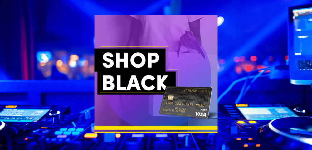 Graphic promoting Black Friday shopping featuring a RushCARD Visa, with a DJ turntable setup and blue lighting in the background.