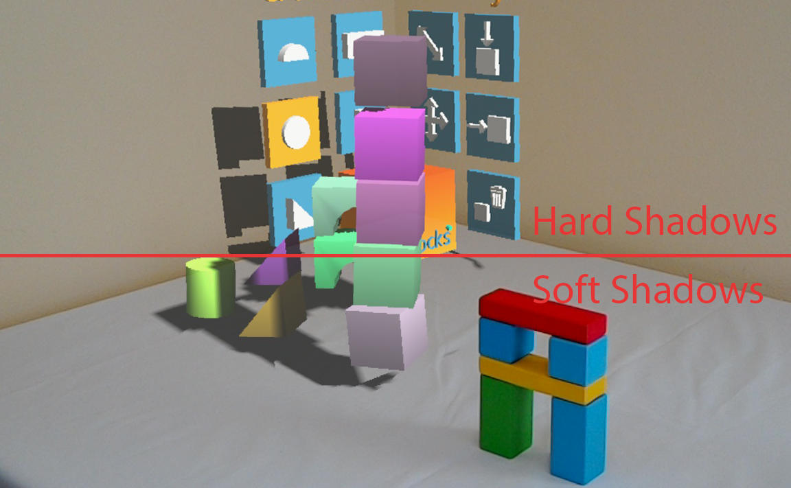 Holographic shadows side-by-side with real shadows from real blocks. 