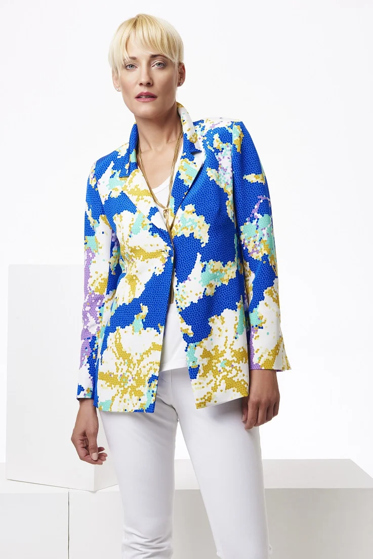 Blue patterned straight silk jacket, mid length shot.jpg