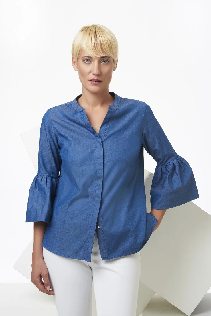 Denim button down with ruffle sleeve.jpg