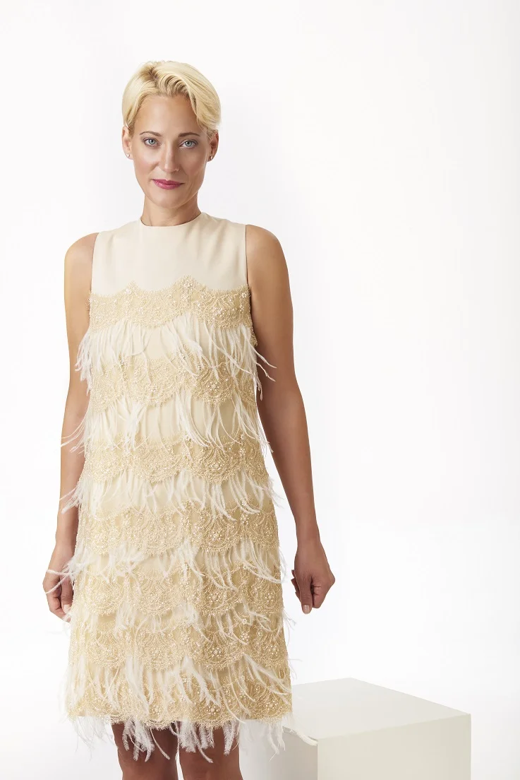 Feather and lace dress, full length.jpg
