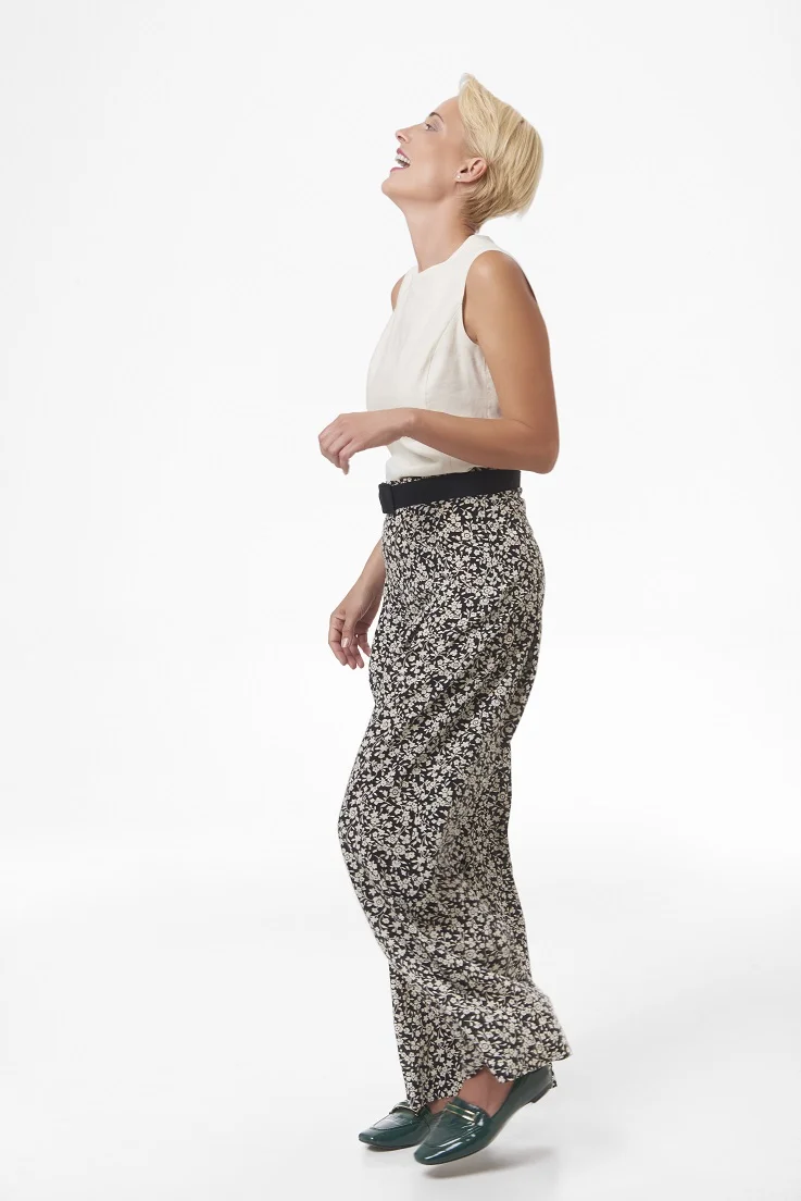 Floral wide leg pants and linen shell, full length.jpg