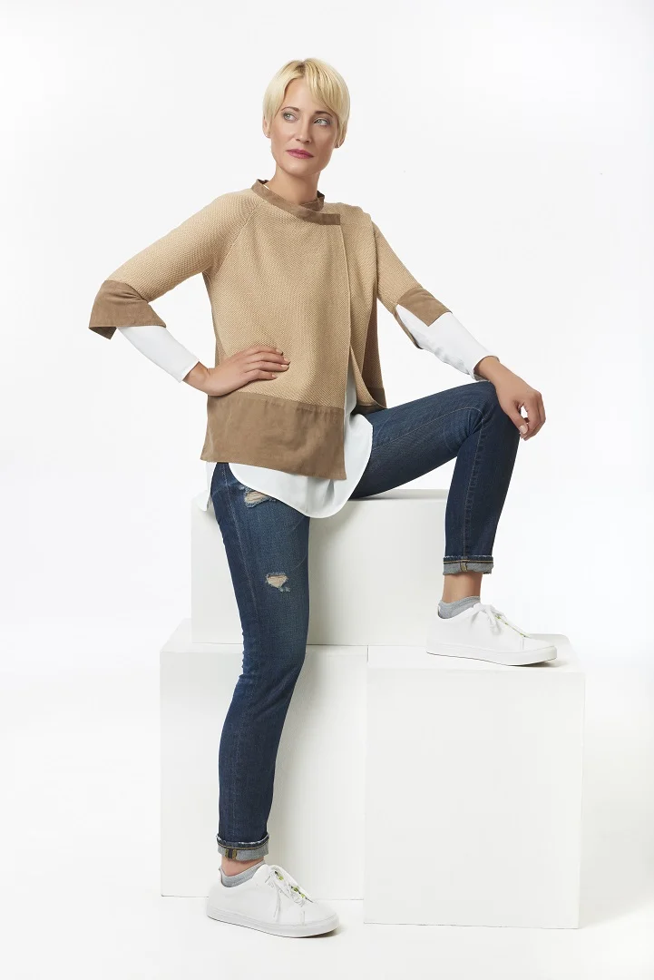 Leather trim sweater with long silk top.jpg