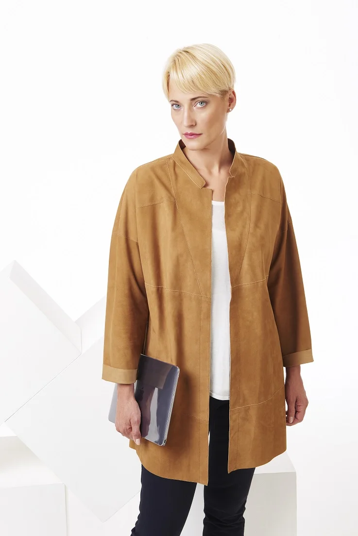 Tan light-weight suede long jacket, full length.jpg