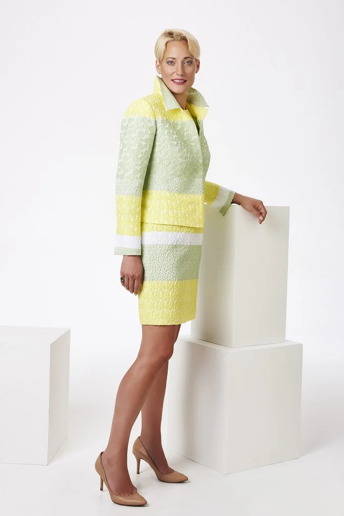 Yellow and green cloque blazer and dress, full length.jpg