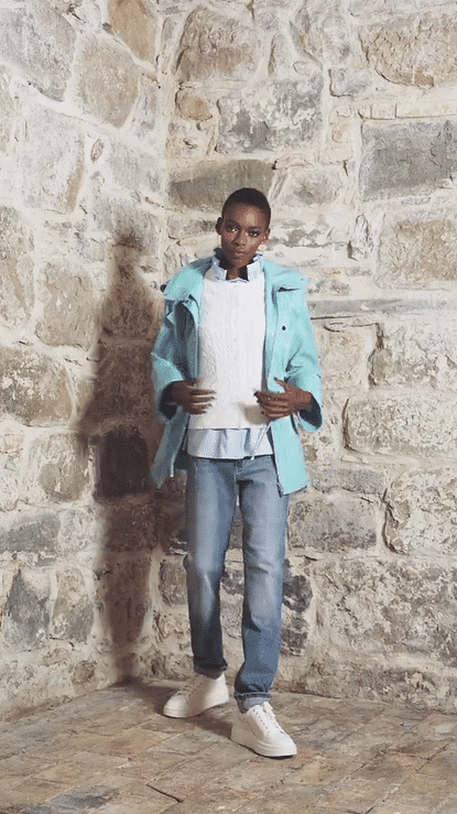 2 Aqua Blue Leather Jacket With Cinch Waist White Cable Knit Cardigan Algo Switzerland
