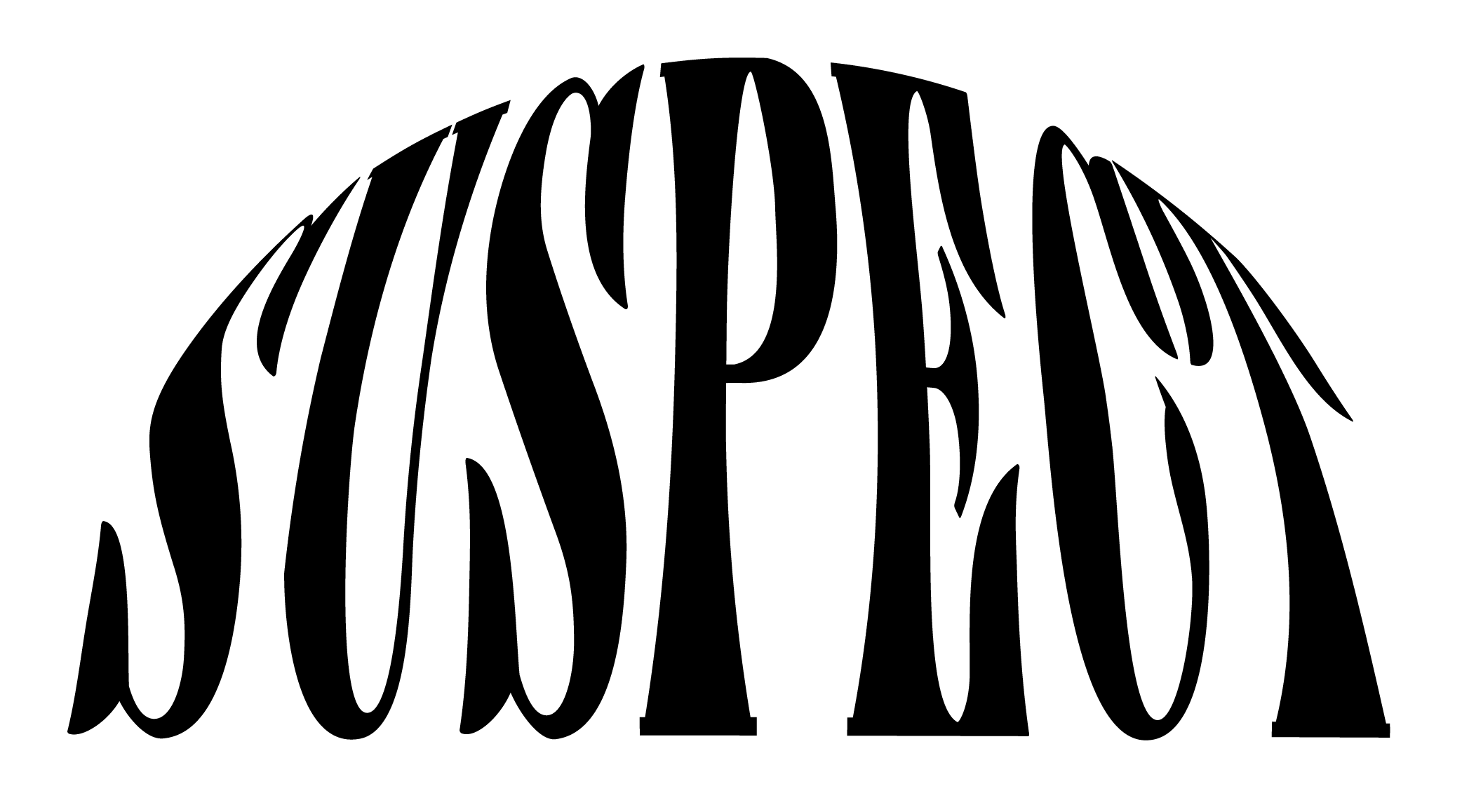 SUSPECT logo: bold, black letters in a serif font spell "suspect" in the shape of a semi-circle