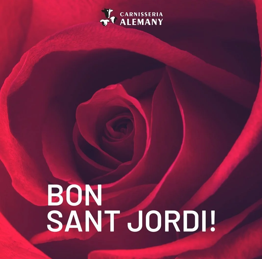Feines noves. Felicitaci&oacute; de Sant Jordi 2023 per a l&rsquo;instagram de la Carnisseria Alemany @carnisseriaalemany Opci&oacute; escollida i versions alternatives.