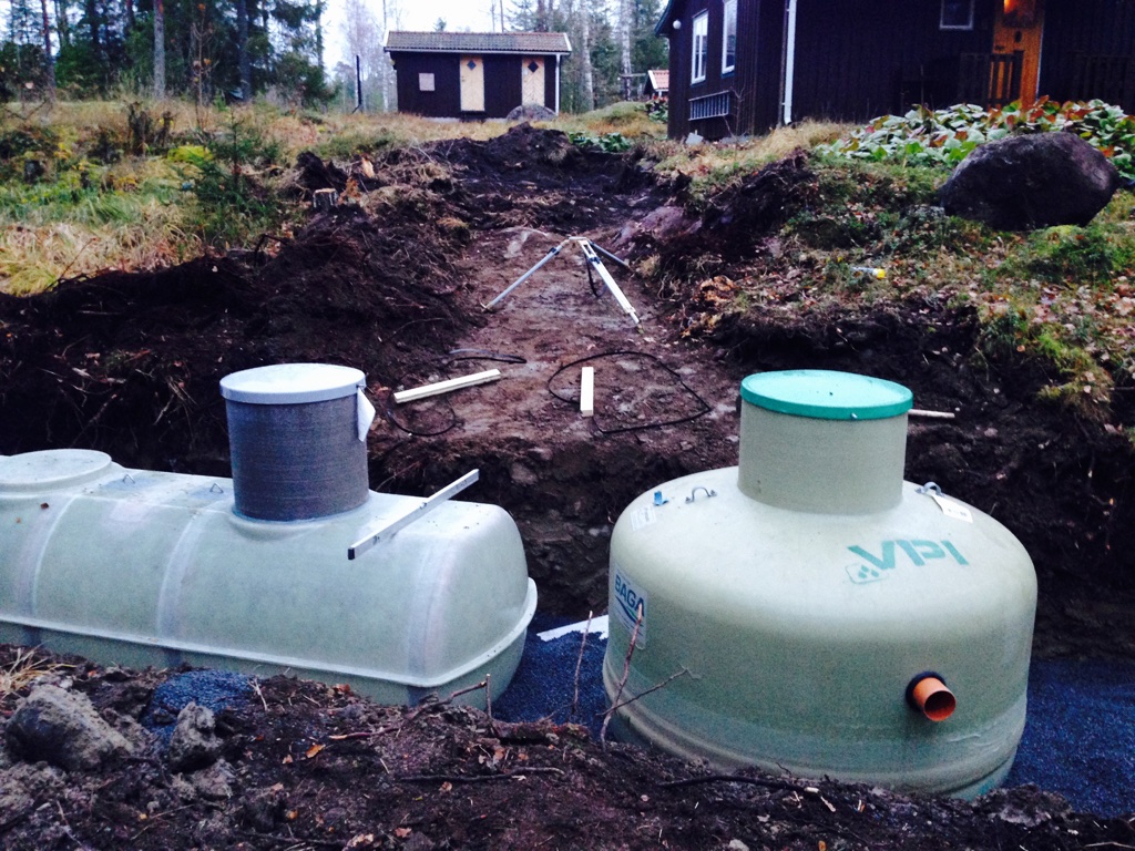 Slutentank (wc) PTC 3m3 med nivålarm och slamavskiljare (BDT) Baga 1,2m3 med pump.