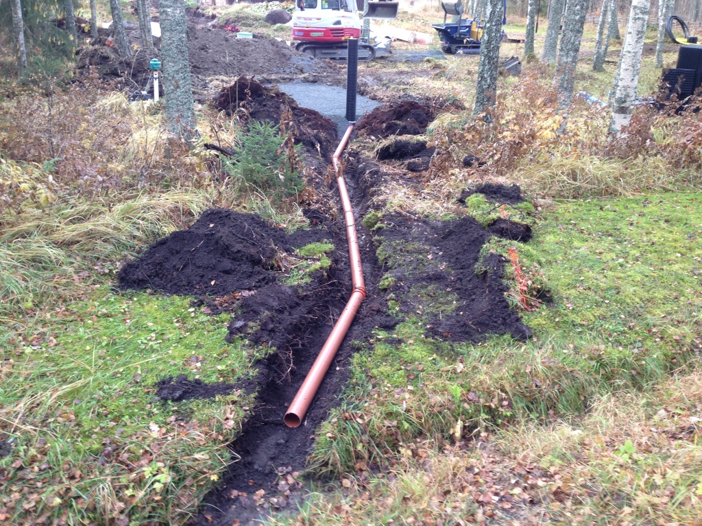 Provtagningsbrunn 200mm på utloppsledning. Utlopp till recipient/dike via dolt utsläpp (singelöga).