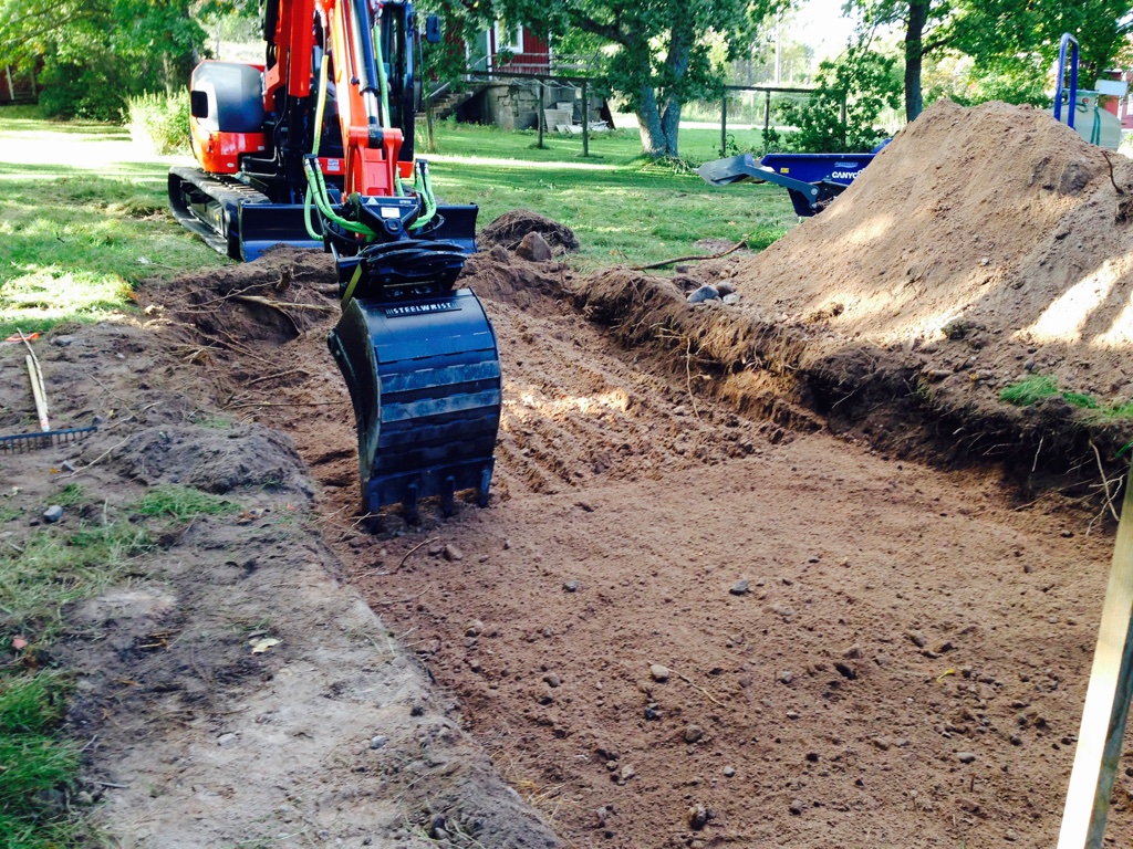 Schaktbotten för infiltration, ca: 40cm under befintlig marknivå. 8 x 4m = 32kvm.