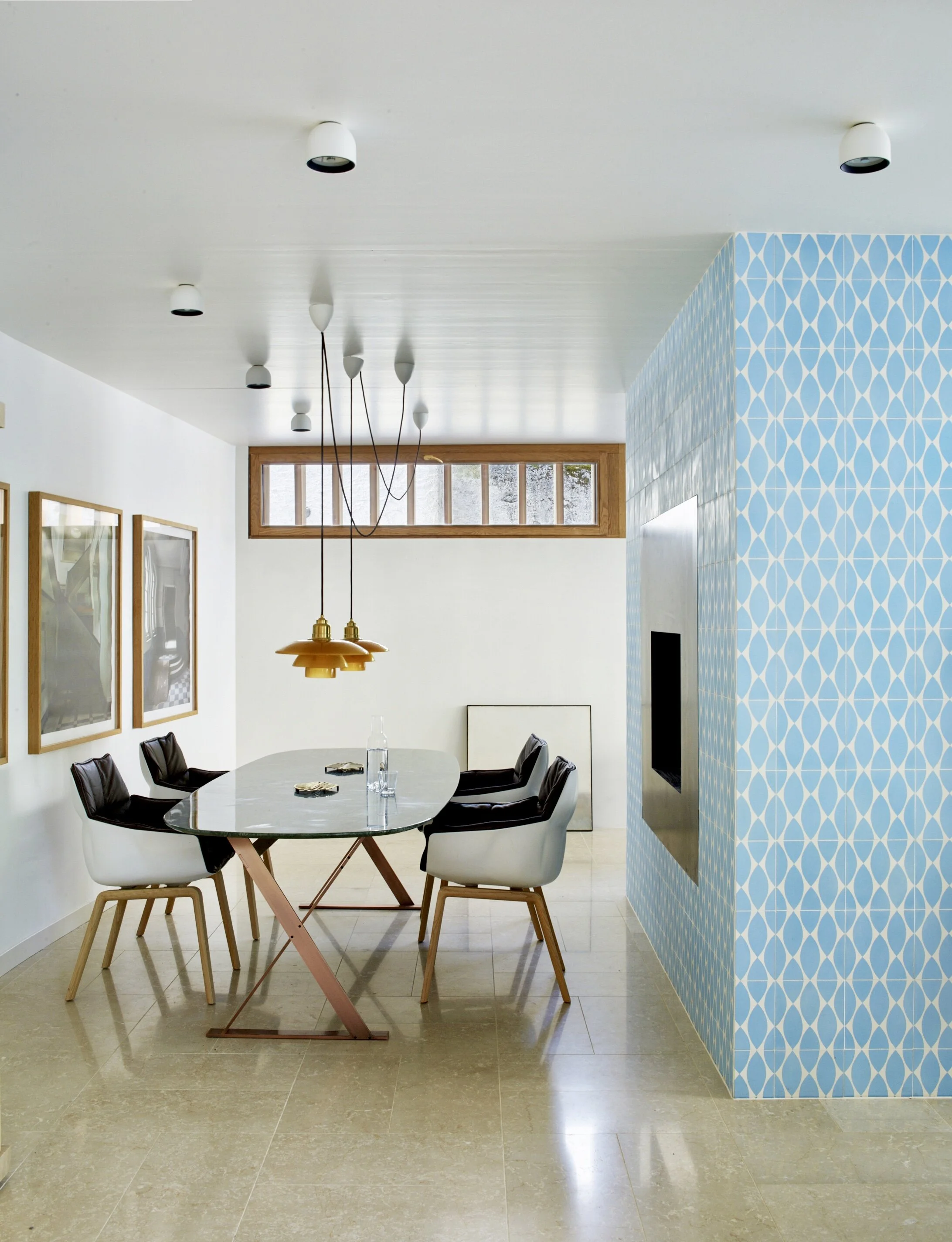 B&B Italia Chairs and Maxalto marble table, Louis Poulsen & Flos lights