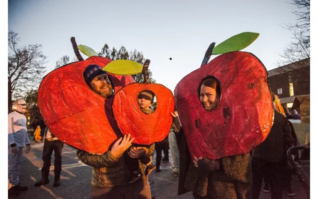 We're delighted to see CSA members so smitten with apples that they fashioned Halloween costumes of three beloved varieties. l-r: Josh, Ole, and Addy as King of Tompkins County, Martha Crab, and Wolf River, respectively. photo by Molly Haley from Maine Today