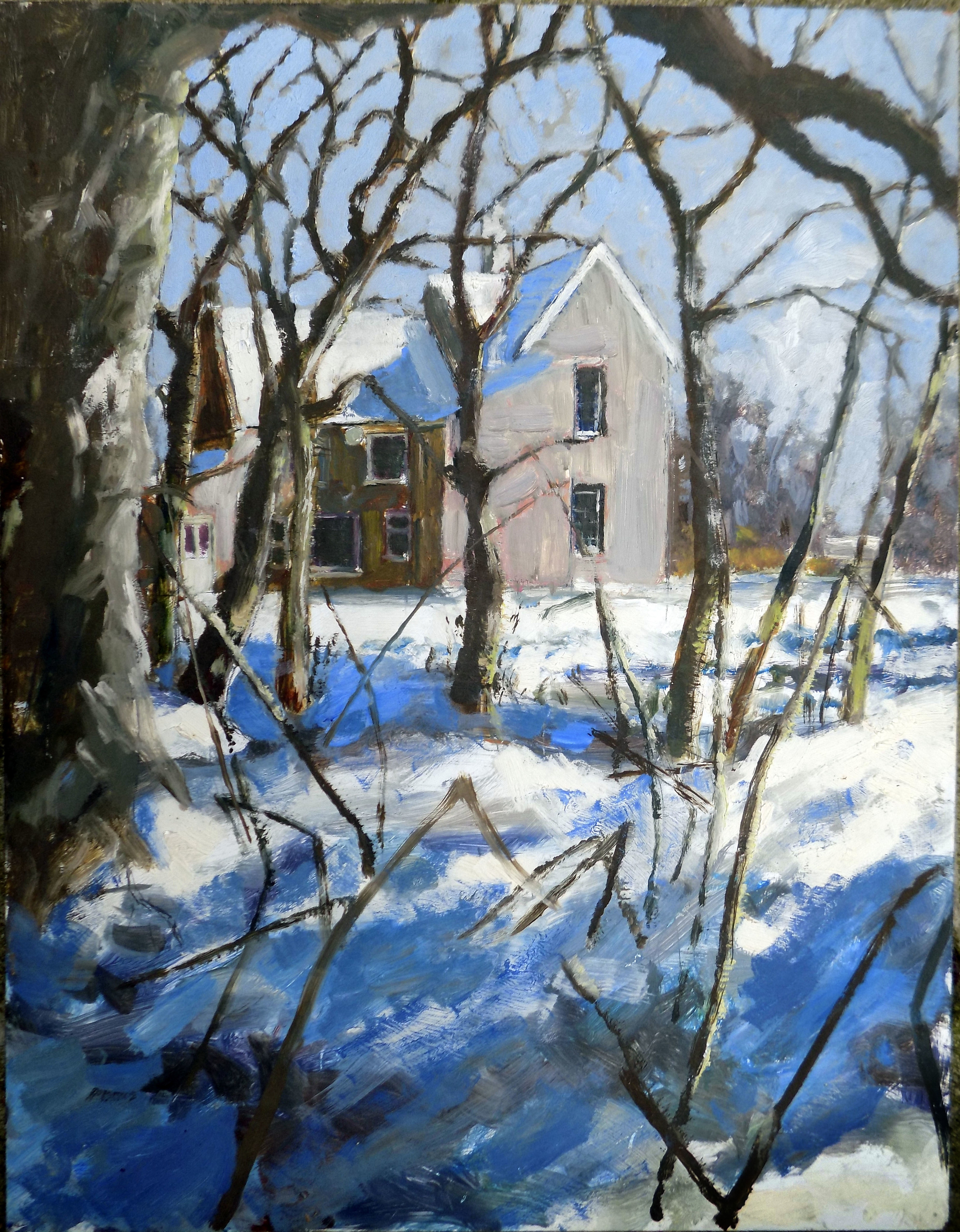 We lived in this old farmhouse when the kids were small. A remote spot, it stood on the dead level miles of the plain of Holderness on the north shore of the Humber estuary. It was demolished years ago. I painted the picture outside in the snow. Oil paint doesn’t stick very well to wet canvas, I recall.