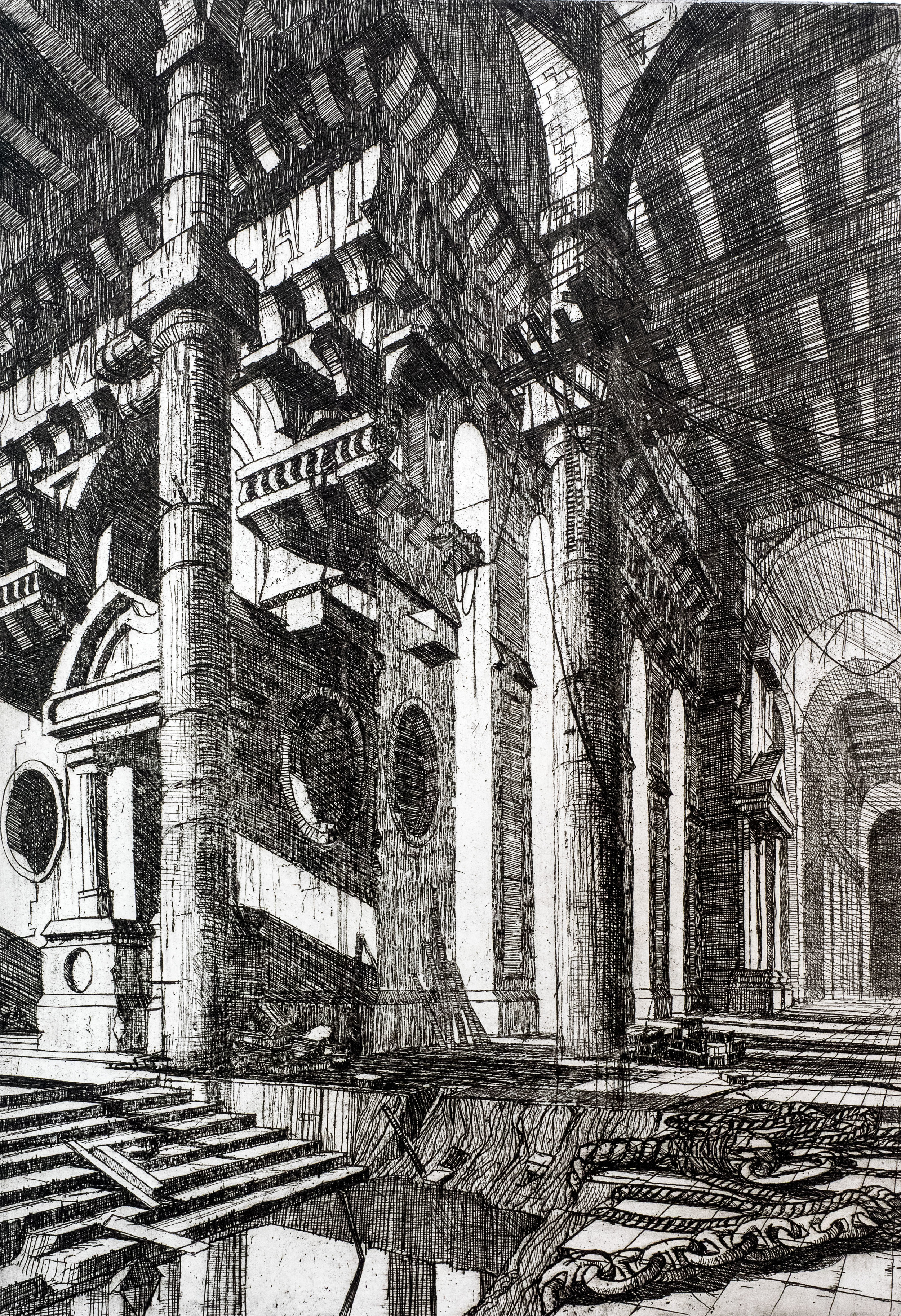 The large interior, whilst it clearly owes a lot to Piranesi, evolved out of drawings of the interior of a sugar factory where I was working. 