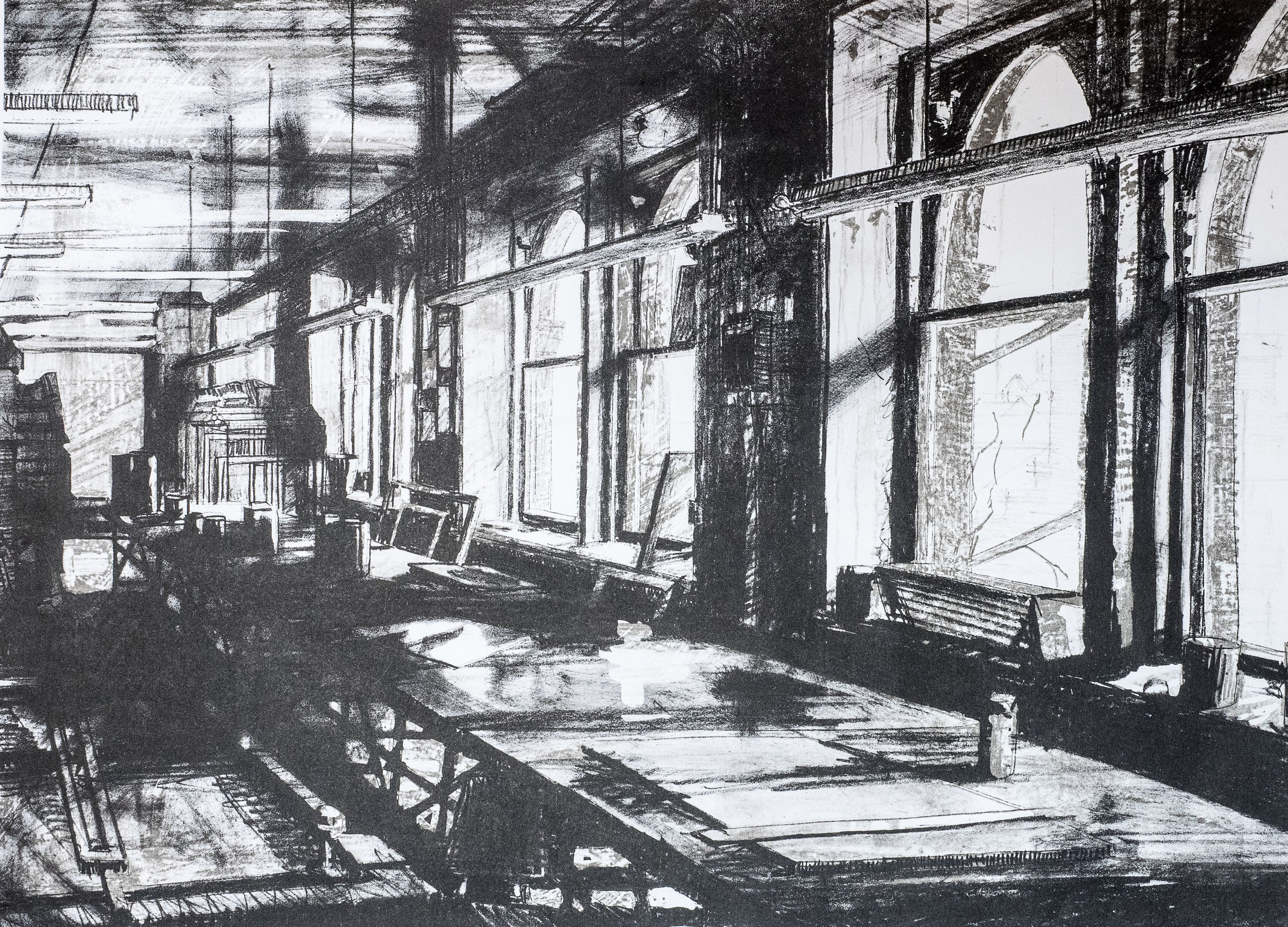 At some point, around 1980, I was awarded public money to take time off from my job, in order to work in Glasgow. Glasgow Print Studio, then in Ingram Street, was a gift. I met excellent people and learned a lot. I began making colour prints and producing lithographs. The print studio had a big offset litho press and I was instructed in its mysteries by Dominic Snyder, one of the technicians, a very amiable guy. Offset litho is a great way to work. You can draw and paint the resist onto the plate in an assortment of ways. Size is not a problem, and the printed image is the same way round as the original. You can achieve very dense blacks too. After my first publicly funded stay, I returned to Glasgow many times at weekends and in the holidays, to work at the studio.