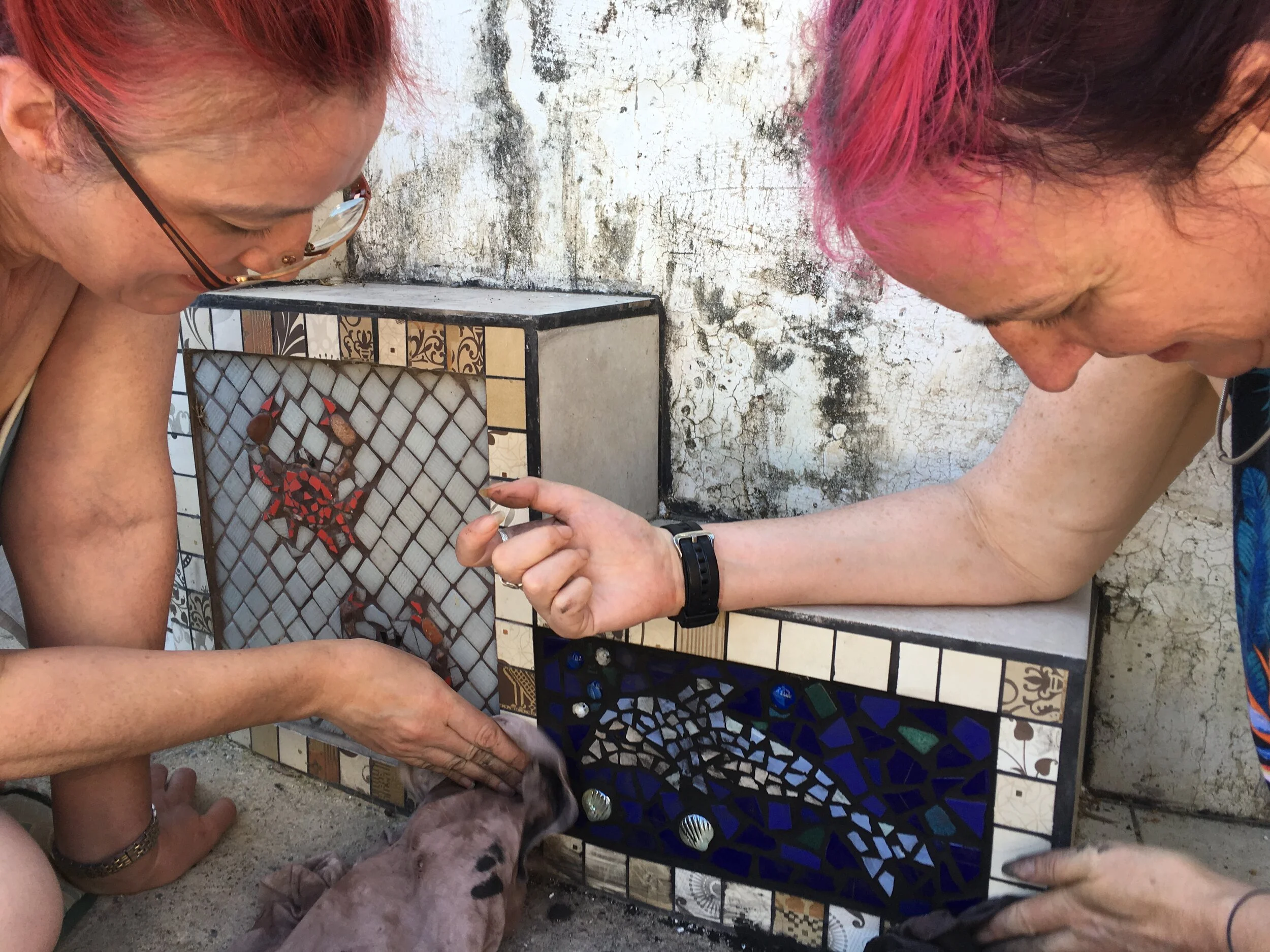  Visitors.    We like it very much when visitors want to add mosaic to the structure.  Over the last few years, more than twenty people have worked on various bits of wall. We've enjoyed watching the new work emerge and it makes a very nice record of