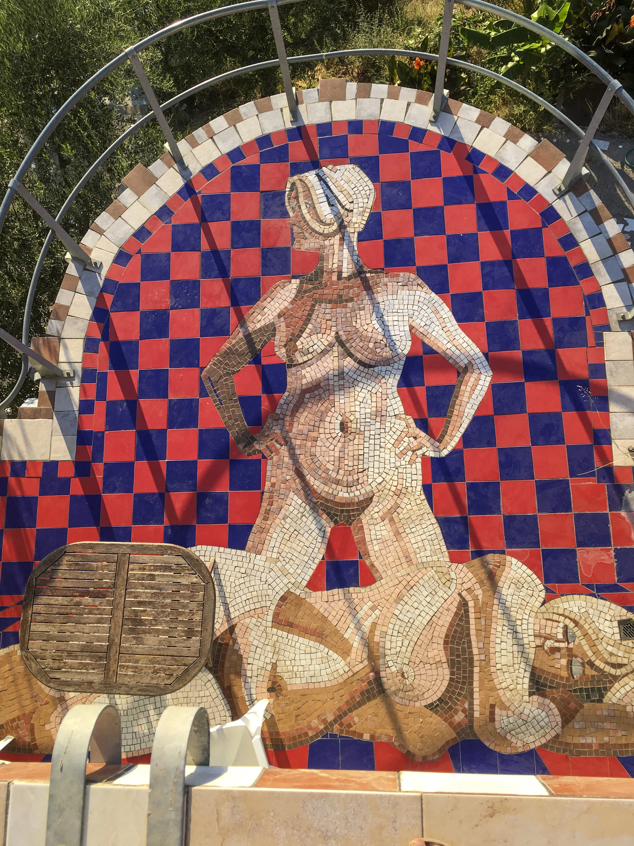  The photograph of this mosaic is taken from above (see the wooden table top and the edge of the balcony.) 