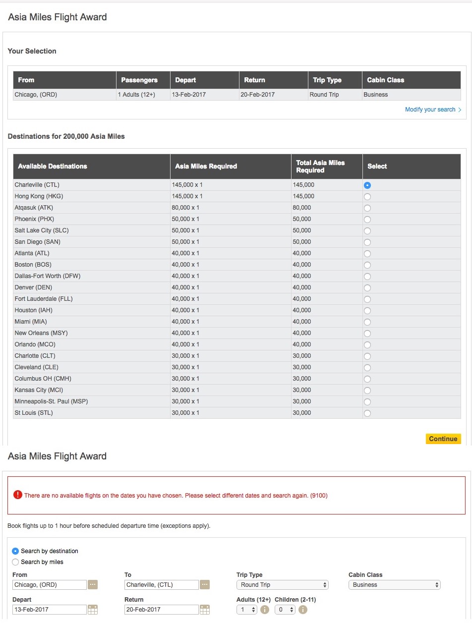 Asia Miles Reward Chart