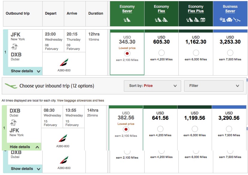 Emirates Redeem Miles Chart