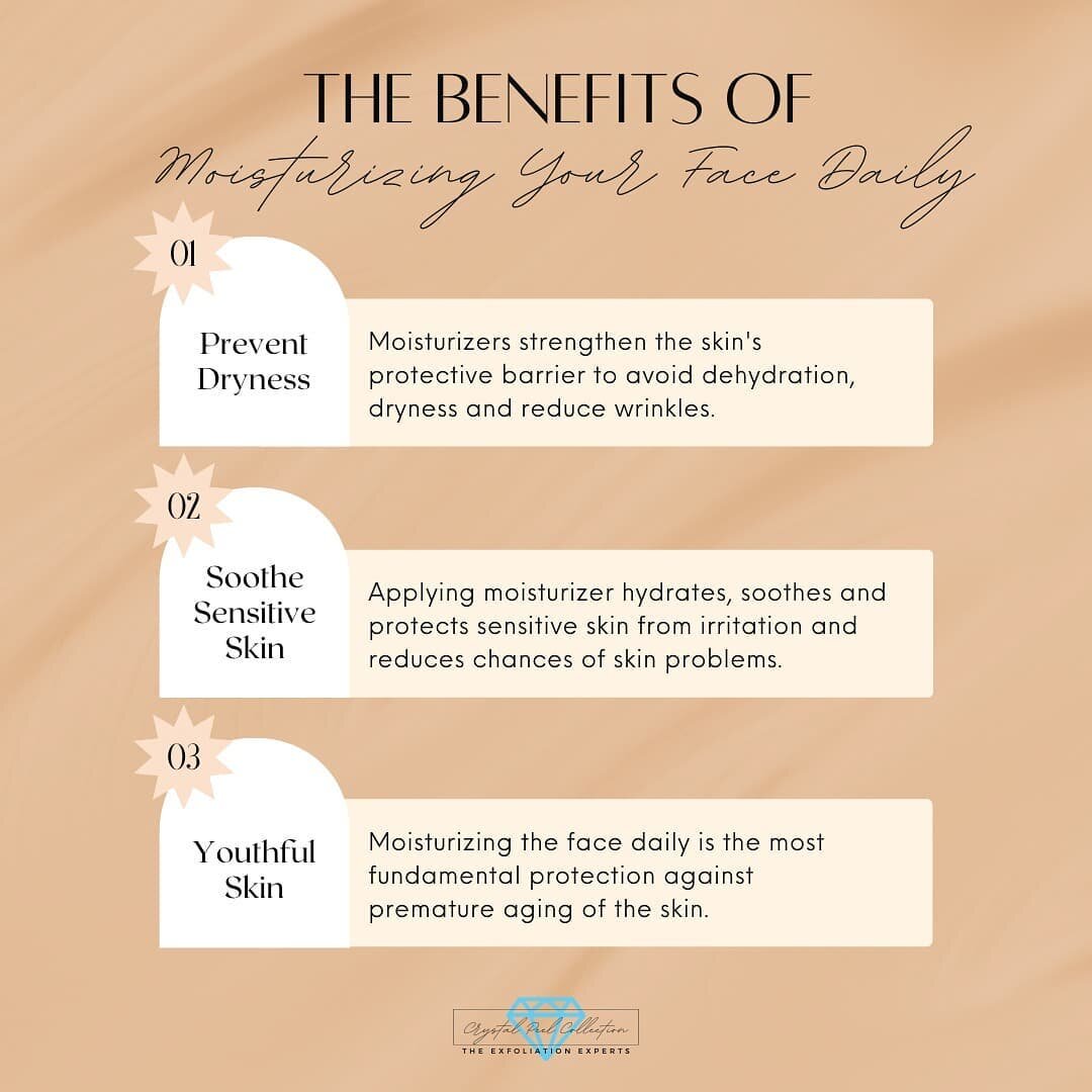 ‼Moisturizing your face daily is essential no matter your skin type!

It is key for:
🔑Preventing dryness
🔑Hydrating &amp; soothing
🔑Maintaining youthful skin

💎Be sure to ALWAYS moisturize after exfoliating! 

#moisturizedskin #soothingskincare #