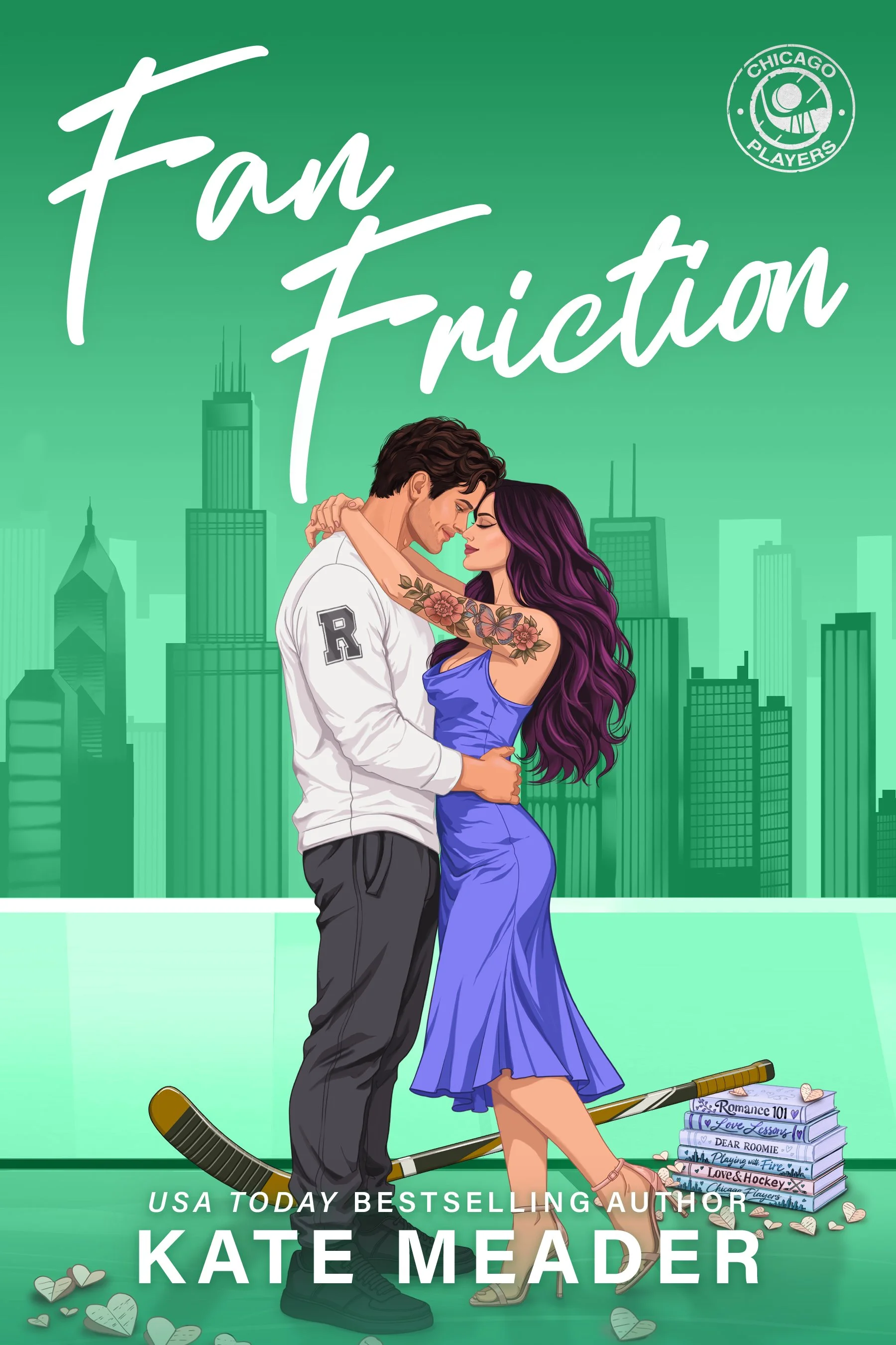 couple in embrace against green stylized Chicago skyline.