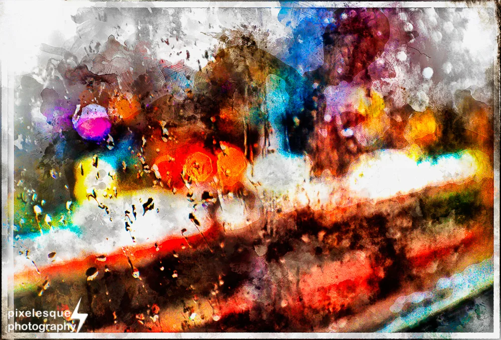 Streetcar passing a rainy window - in watercolour