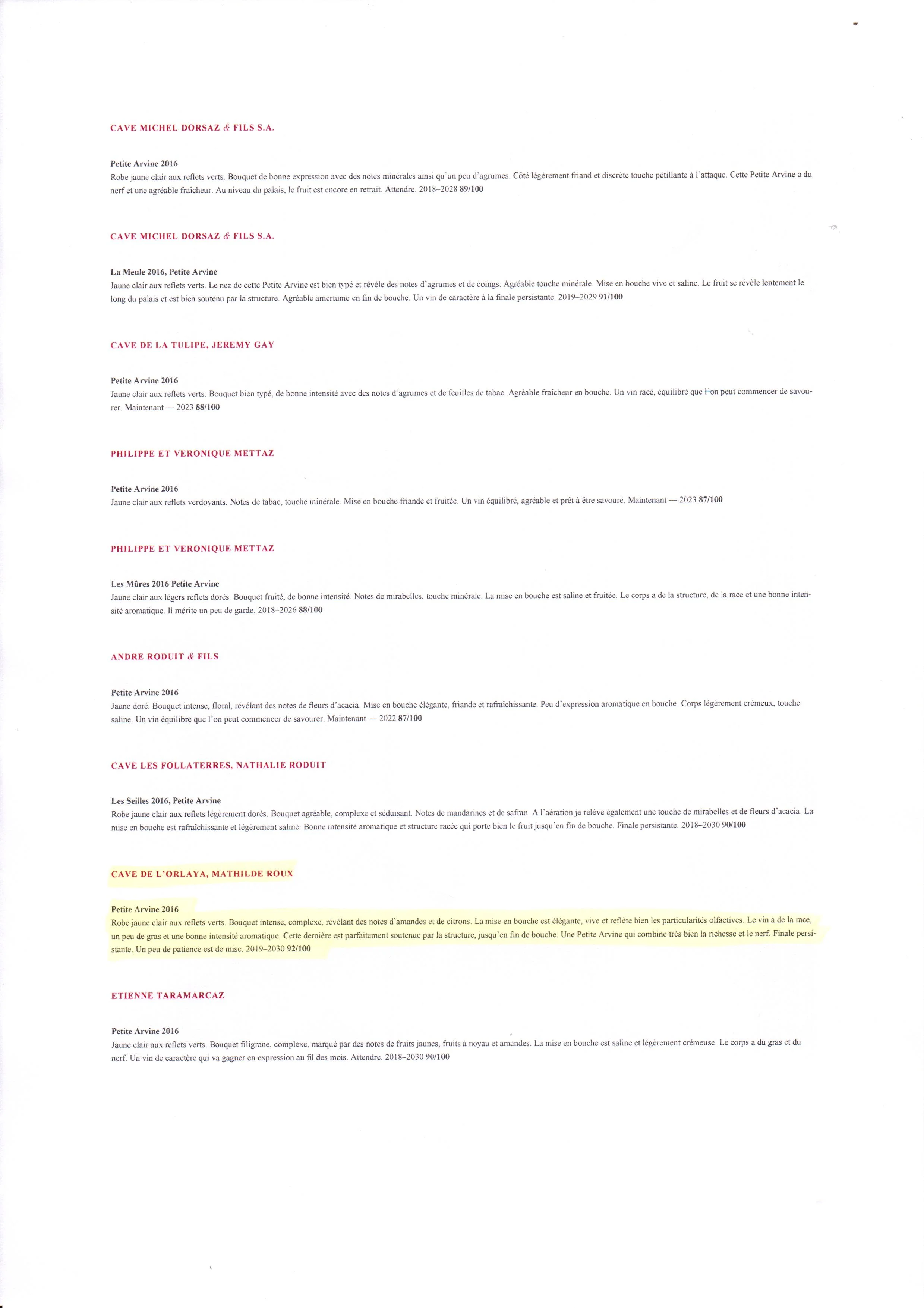 note de dégustation arvine 2016 -2