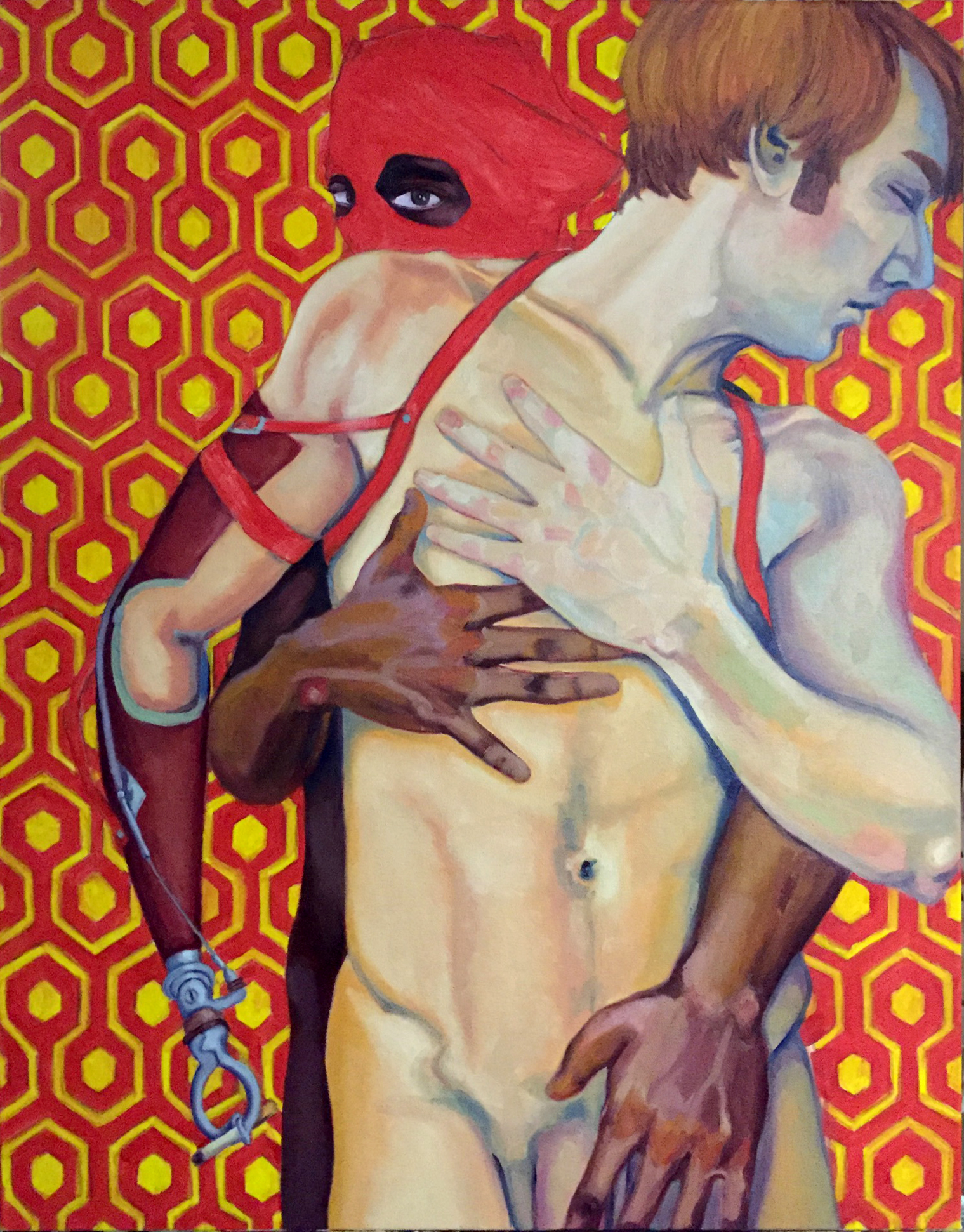 Still working on the 'teatime' painting, but while it dries a bit, I started a new one. All the red and yellow is underpainting – the yellow will be black and the red will be white or gray. No title for this one yet. Teatime is below. I've been adding in shadows...more or less successfully. Sorry about the glare, I can't get a photo without it in my studio. Still a bit to do on it. The more I look at it, the more I see I have to finish.