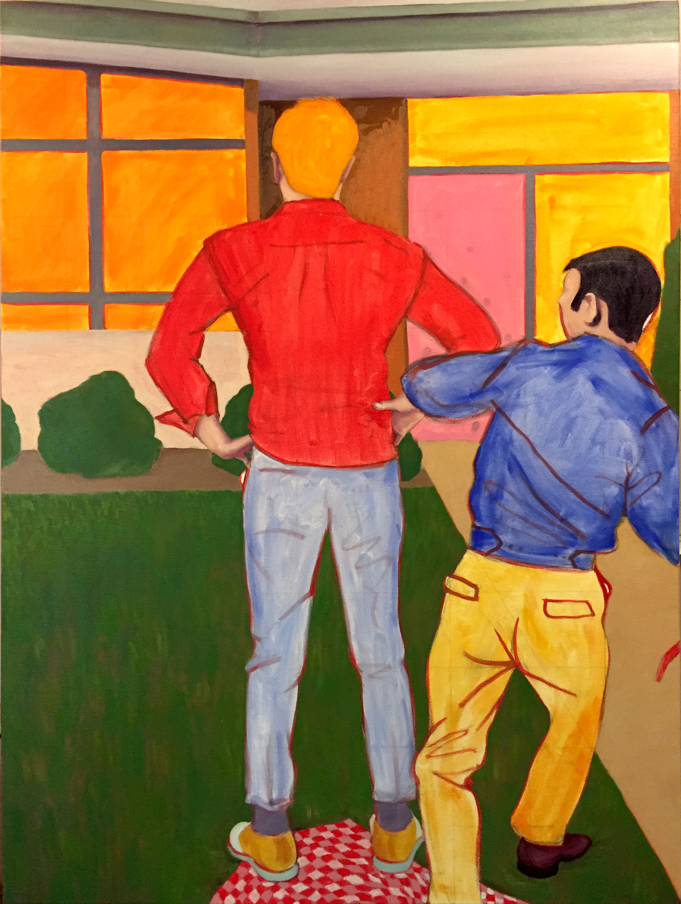 Still half underpainting. And I cocked up the tablecloth pattern. But I love the man in the center's shoes.