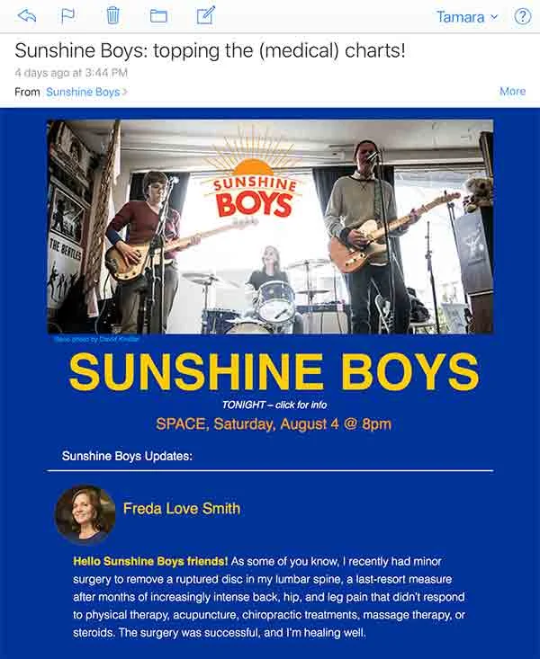 Custom email newsletter with reflections from each of the band members.
