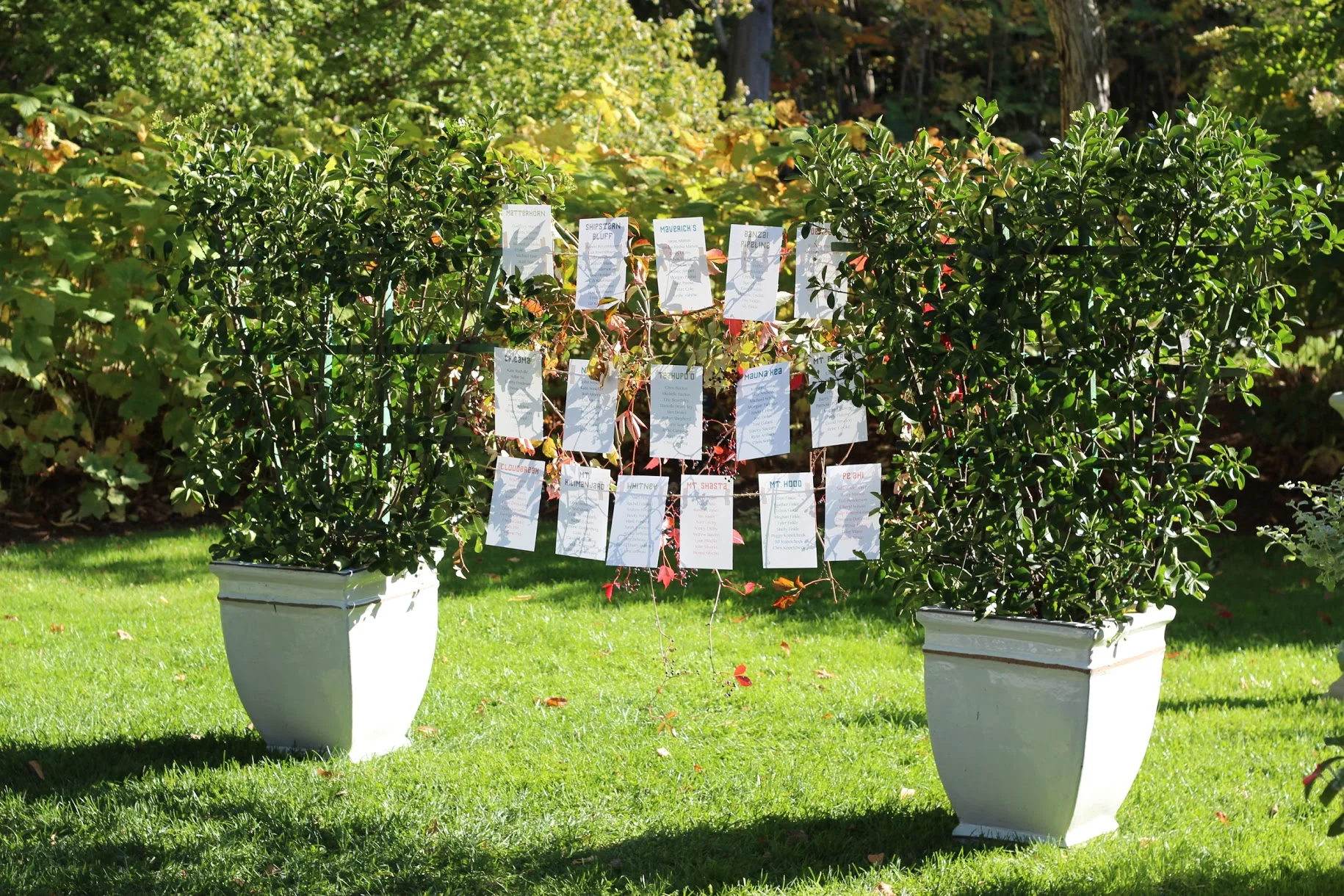 Seating chart with rental topiaries at Blithewold