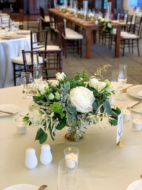 Castle Hill, whites and greens in a low centerpiece