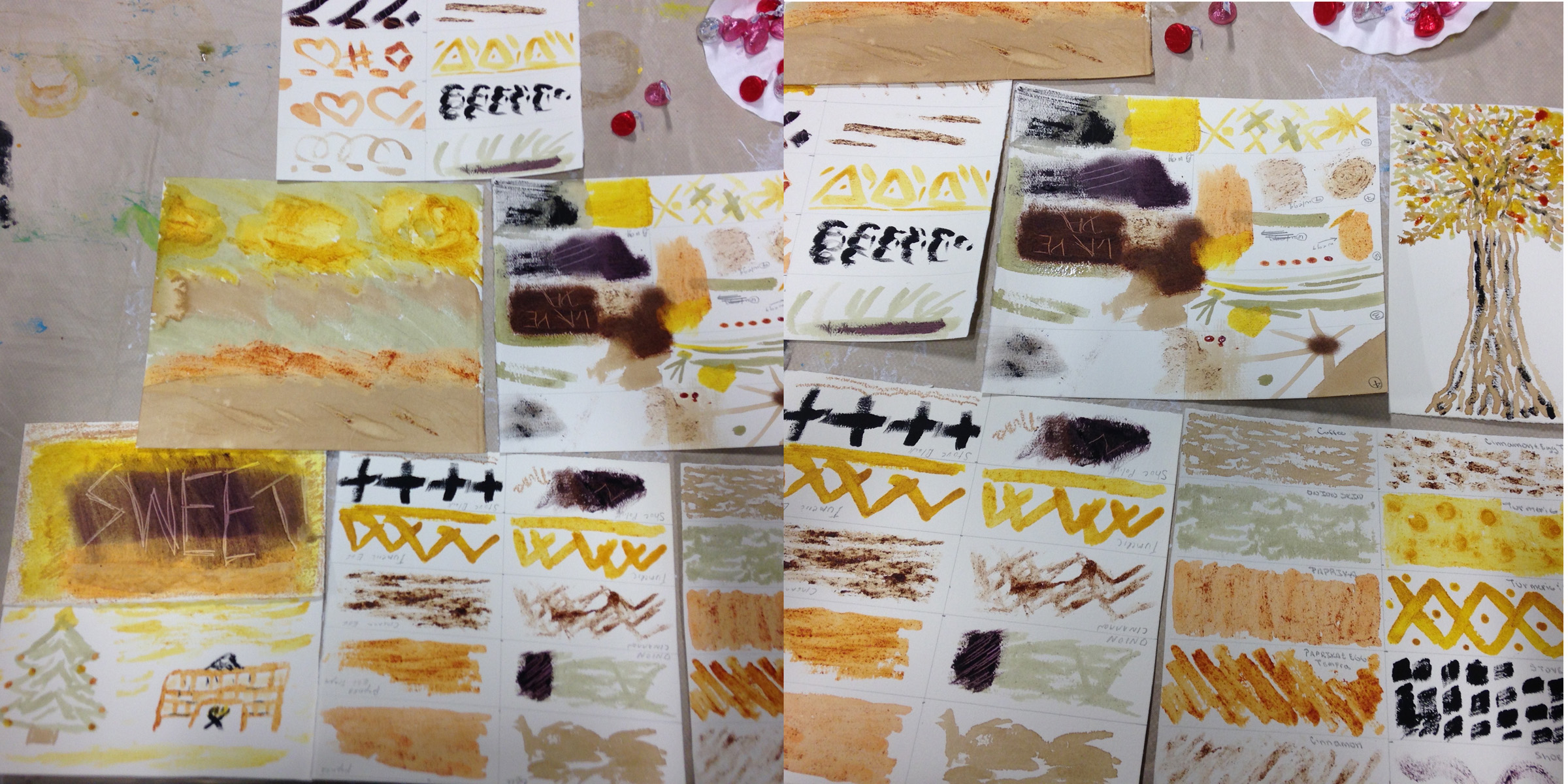 A pastiche of two photos showing the test sheets and some drawings made with the 2-D material