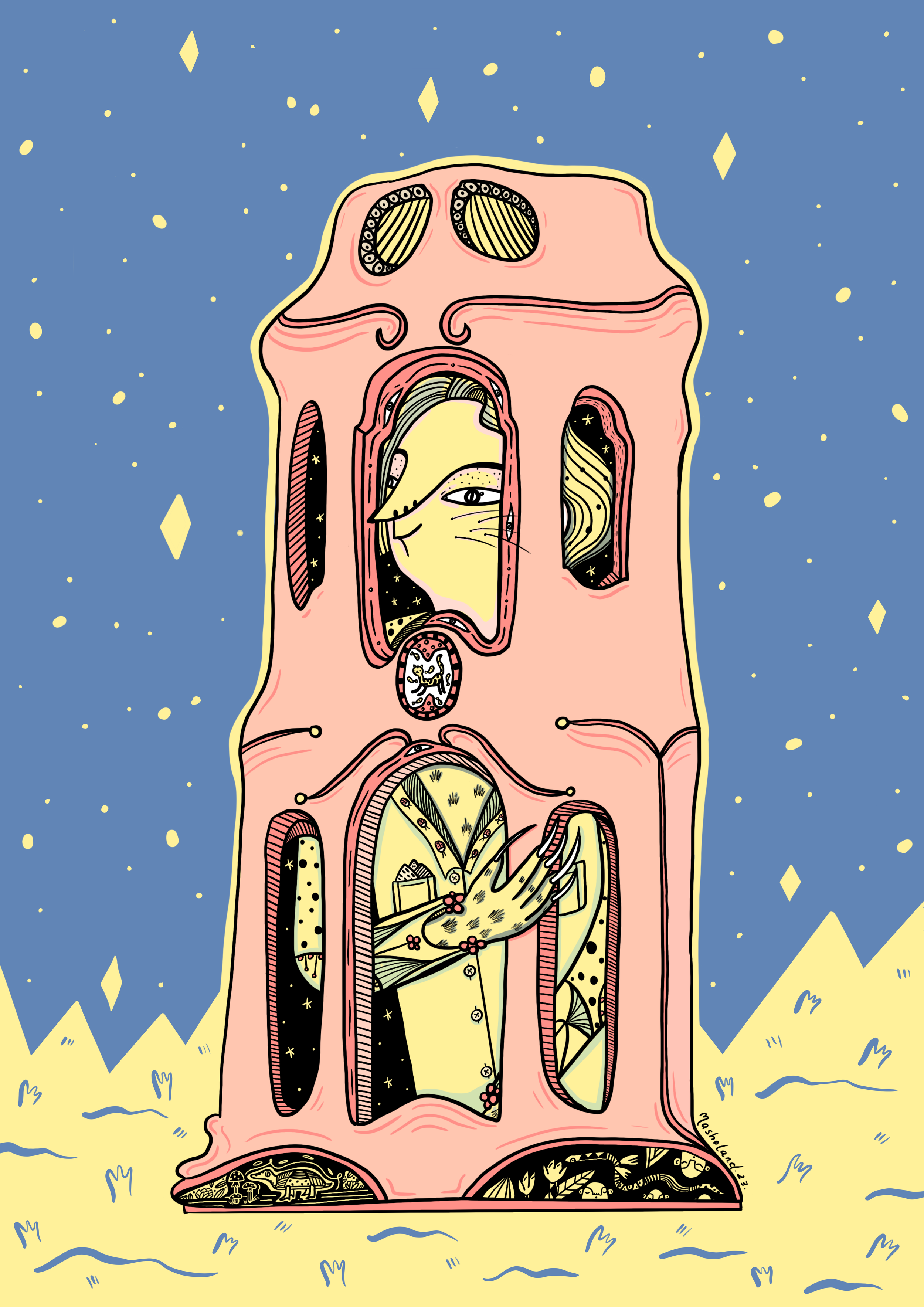 A wild character in the rosegold cage - digital illustration by Masholand