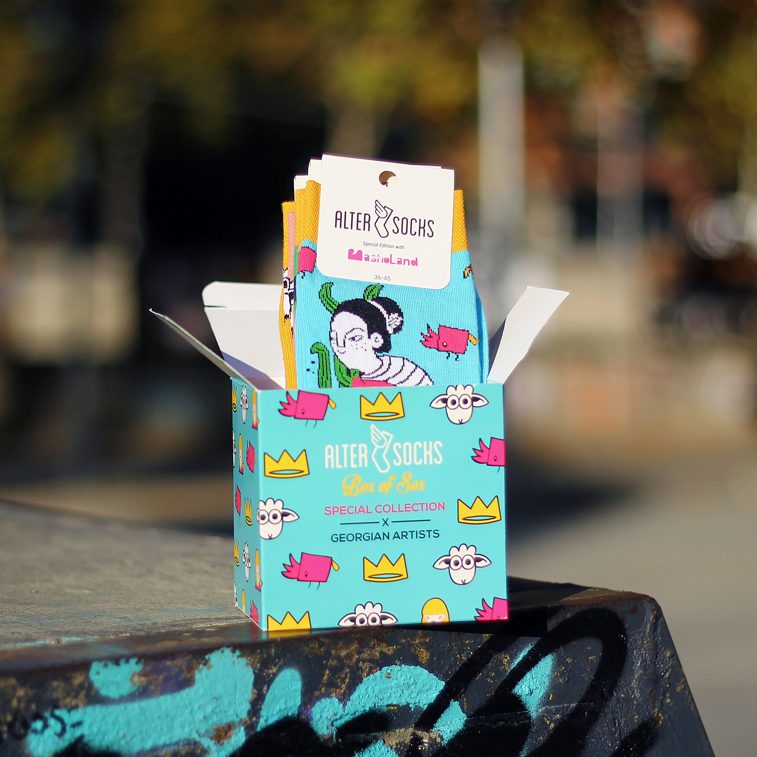 Close-up of AlterSocks box with Masholand illustrated socks, part of the 2019 Georgian artist special edition.