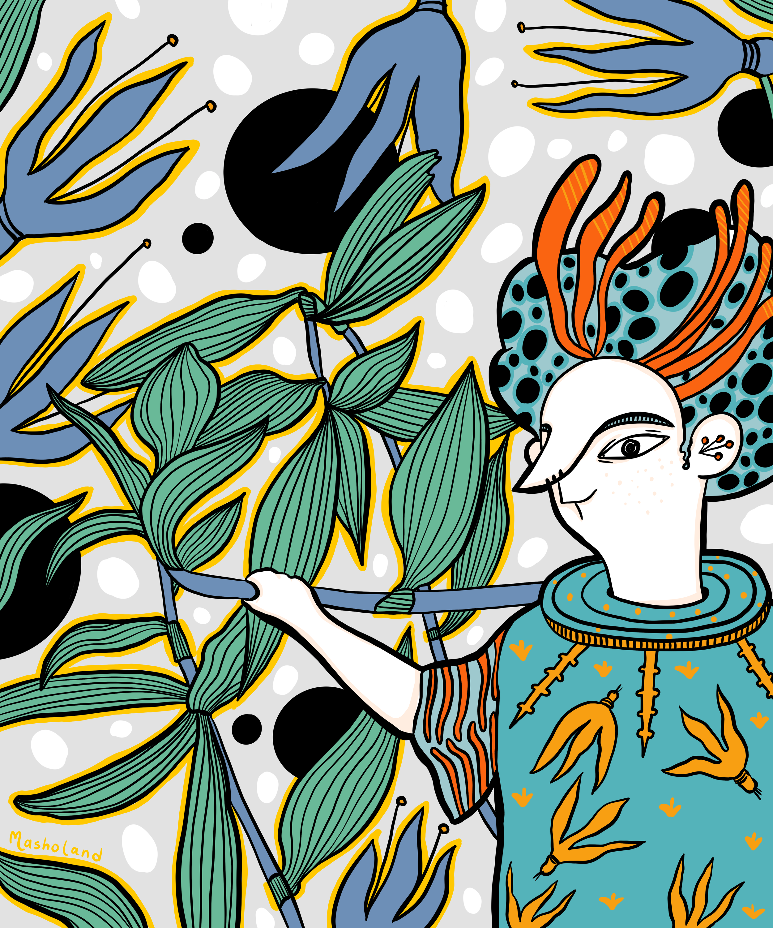 Crazy Plant Lady Vol.3 illustration: character surrounded by large purple flowers and butterflies, whimsical botanical digital art by Masholand.