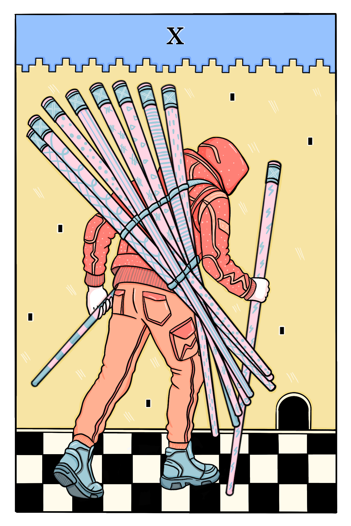 Ten of Wands - These symbolic illustrations draw from the Tarot deck, but instead of traditional interpretations, each card is filtered through Masholand’s unique lens. The artworks weave archetypes, myths, and everyday metaphors into layered images