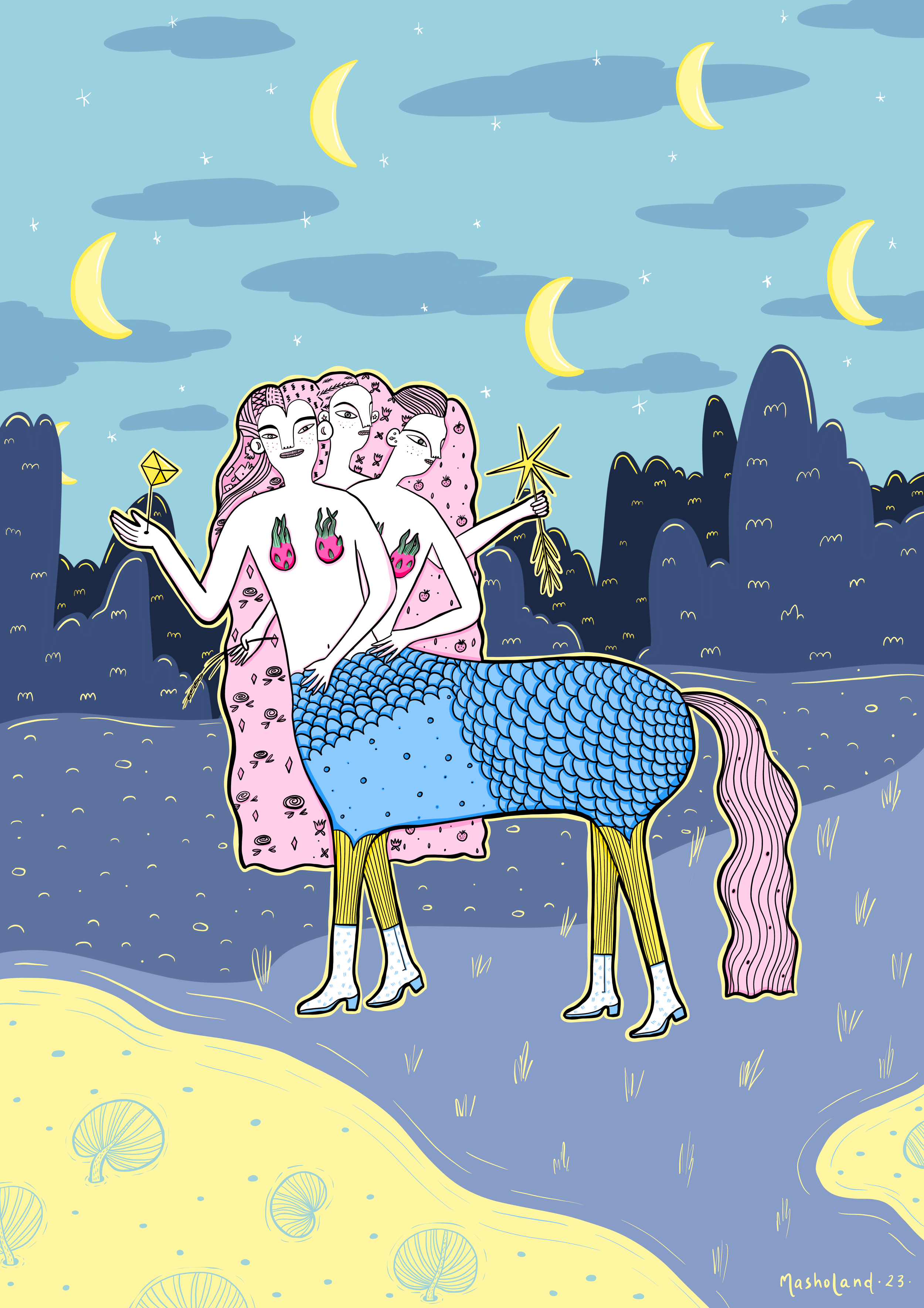 Seven moons and a female centaurus - a digital illustration by Masholand