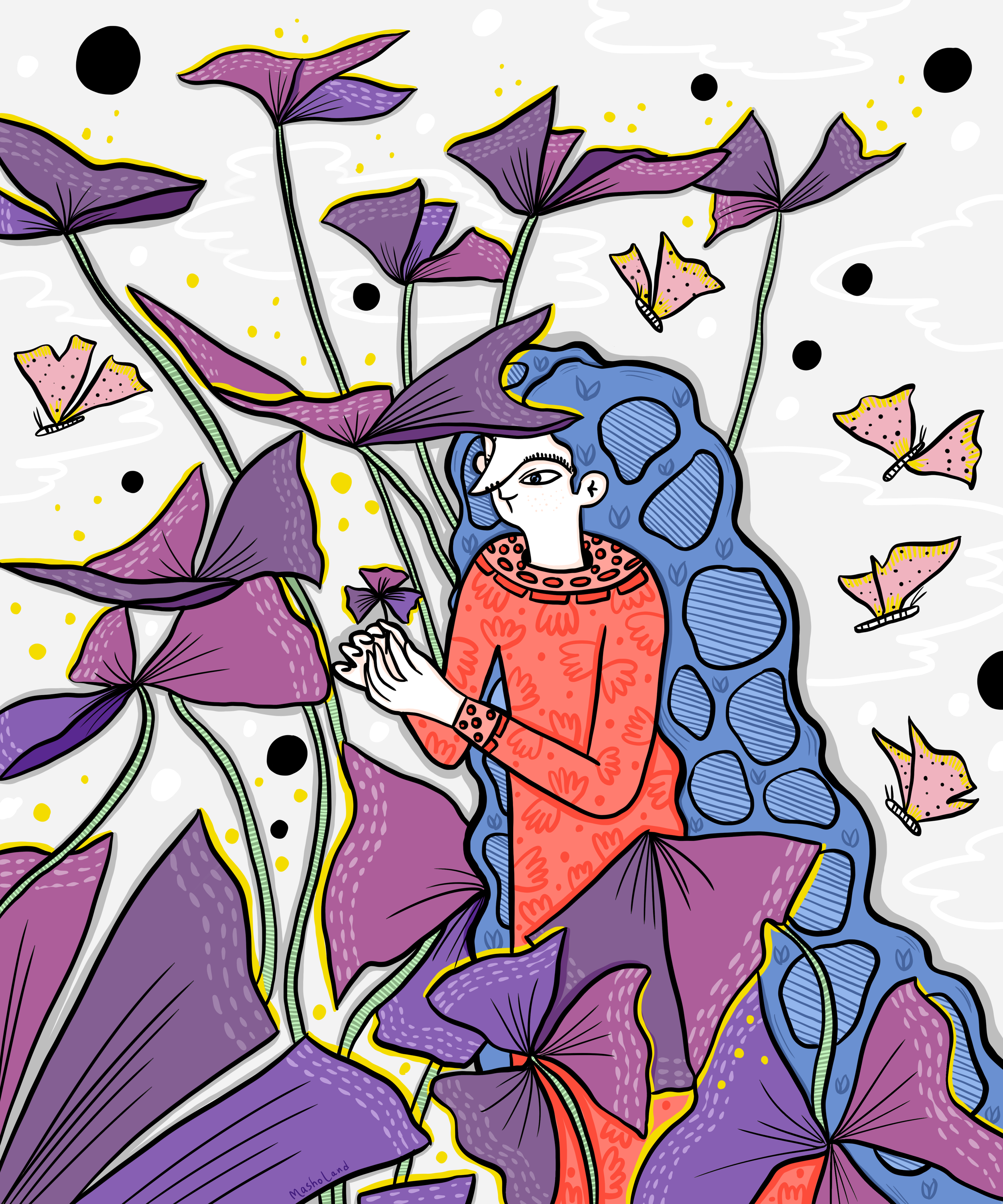 Crazy Plant Lady Vol.4: surreal digital illustration of a yellow-haired character surrounded by tropical plants, Masholand x Plant Lovers collaboration.