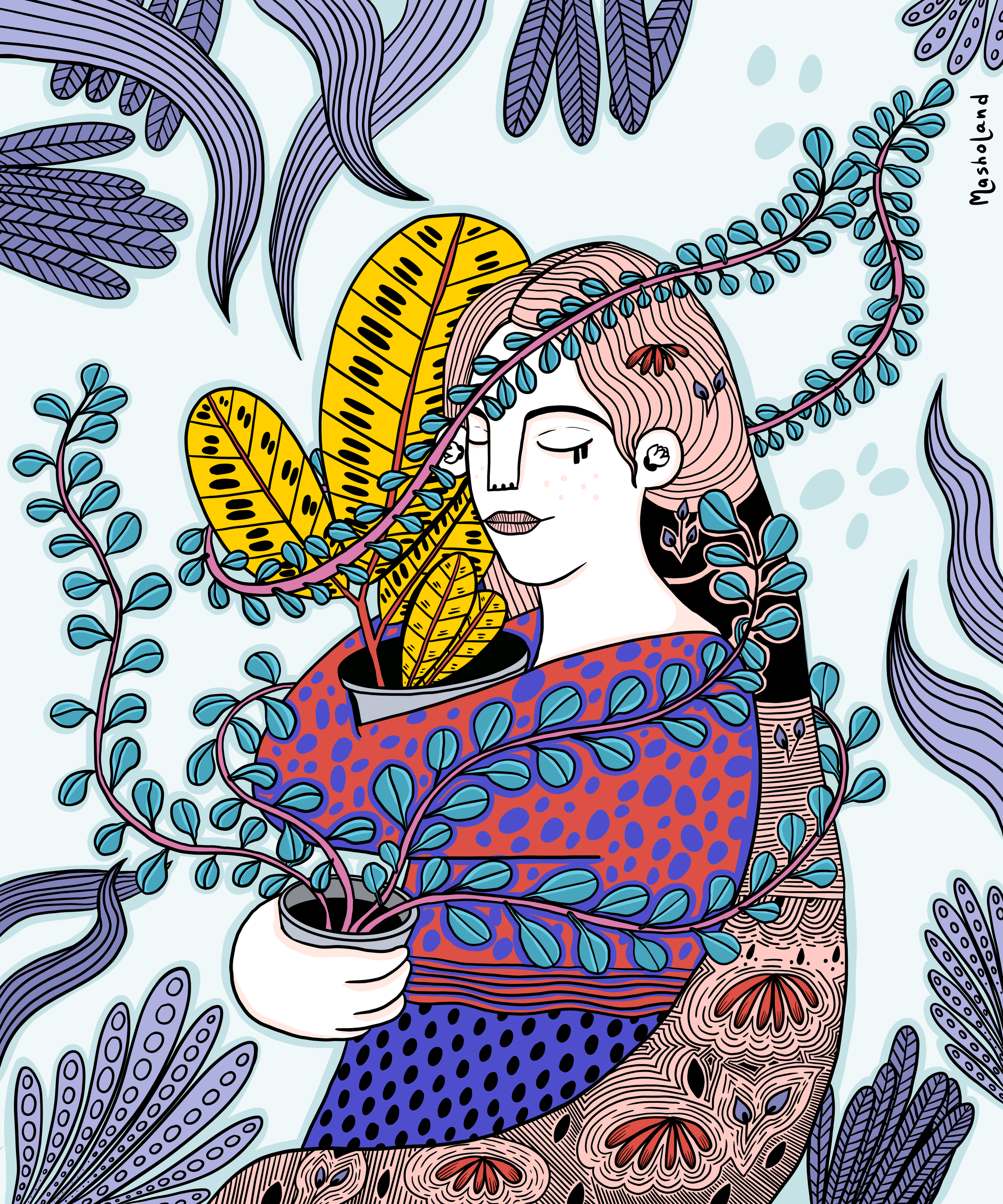 Crazy Plant Lady Vol.1 illustration: digital art of a woman holding houseplants, vibrant botanical illustration by Masholand, collaboration with Plantdadi NYC.