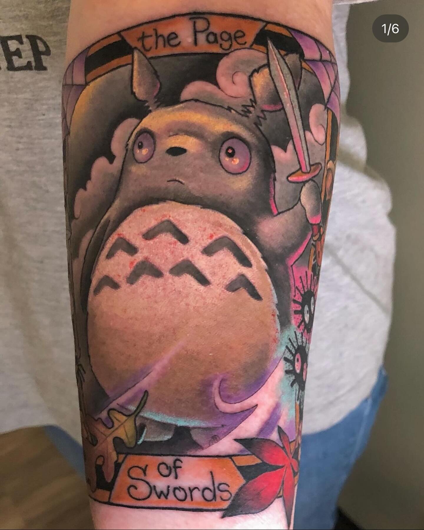 Totoro tarot card done by @_poop_taker 
.
Book with Tim - pooptakertattoomaker@gmail.com