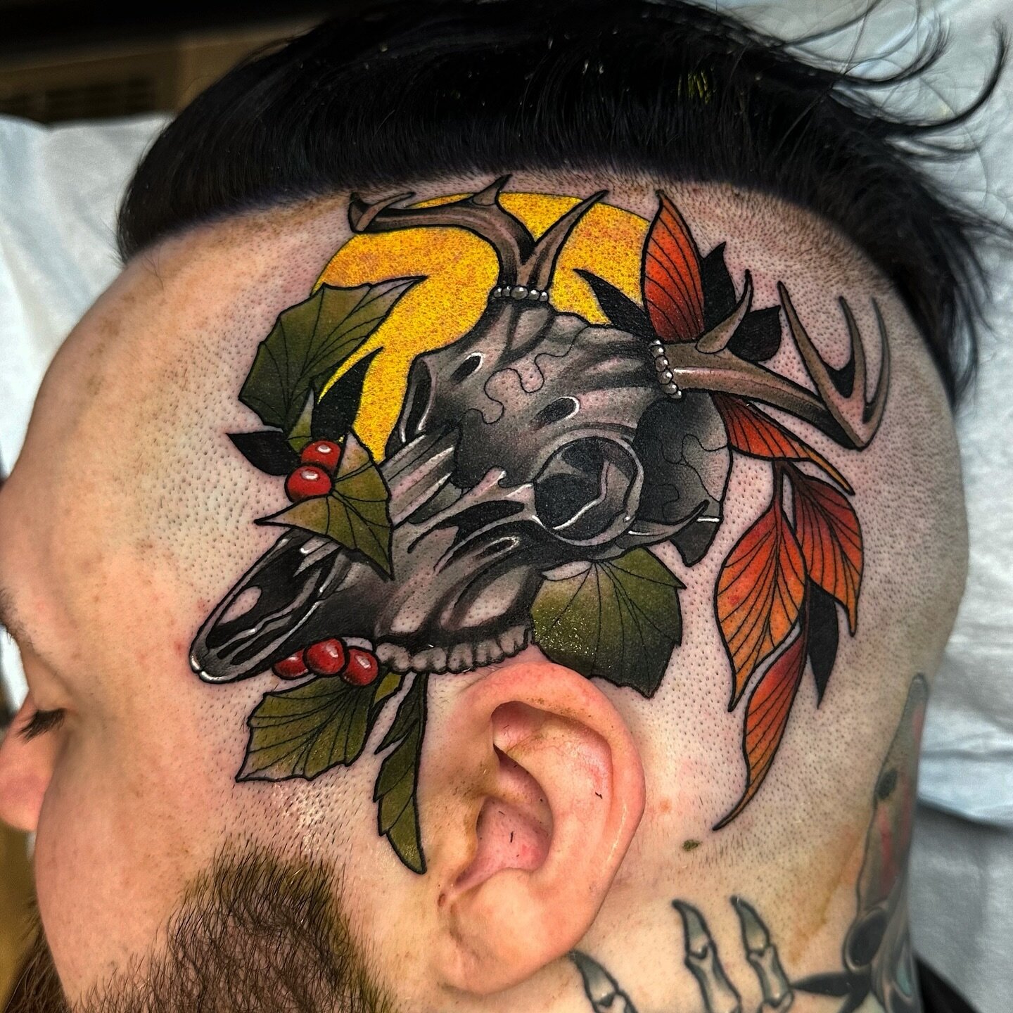 Deer skull on the skull done by @camsevigne_tattoos
