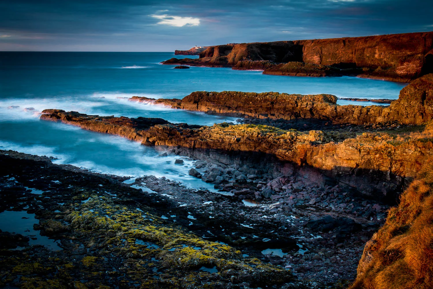 Crawton Coastline with the first sunlight warming the cliffs